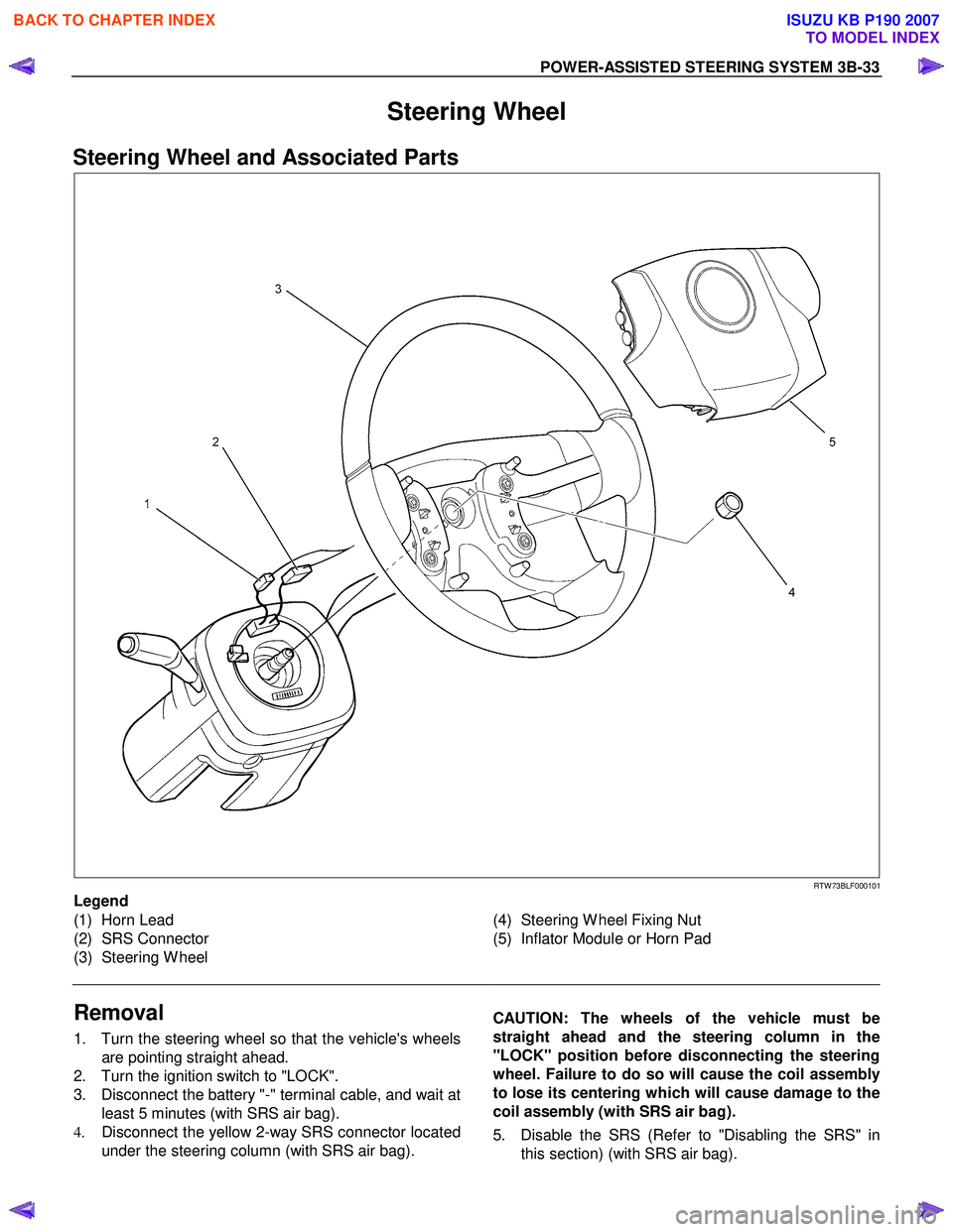 ISUZU KB P190 2007  Workshop Repair Manual POWER-ASSISTED STEERING SYSTEM 3B-33 
Steering Wheel 
Steering Wheel and Associated Parts 
   
 
 
 
 
 
RTW 73BLF000101 
Legend  
(1) Horn Lead  
(2) SRS Connector 
(3) Steering W heel    
(4)  Steer