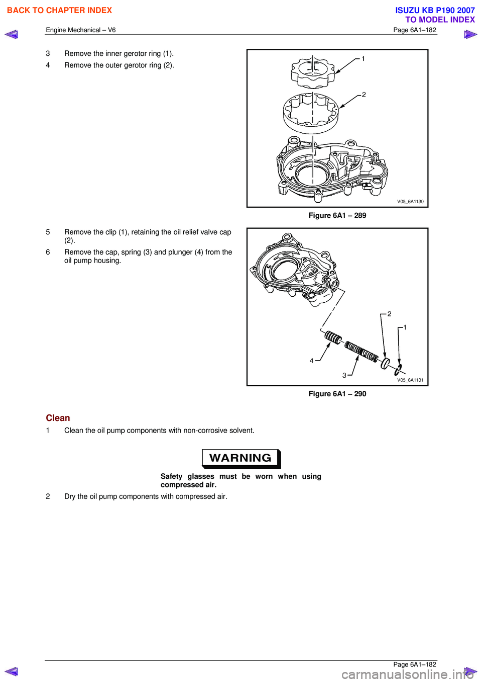 ISUZU KB P190 2007  Workshop Repair Manual Engine Mechanical – V6 Page 6A1–182 
 Page 6A1–182 
3  Remove the inner gerotor ring (1).  
4  Remove the outer gerotor ring (2).  
 
 
Figure 6A1 – 289 
5  Remove the clip (1), retaining the 