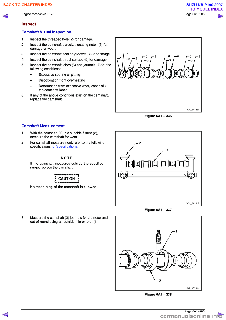 ISUZU KB P190 2007  Workshop Manual Online Engine Mechanical – V6 Page 6A1–205 
 Page 6A1–205 
Inspect 
Camshaft Visual Inspection 
1  Inspect the threaded hole (2) for damage.  
2  Inspect the camshaft spro cket locating notch (3) for 
