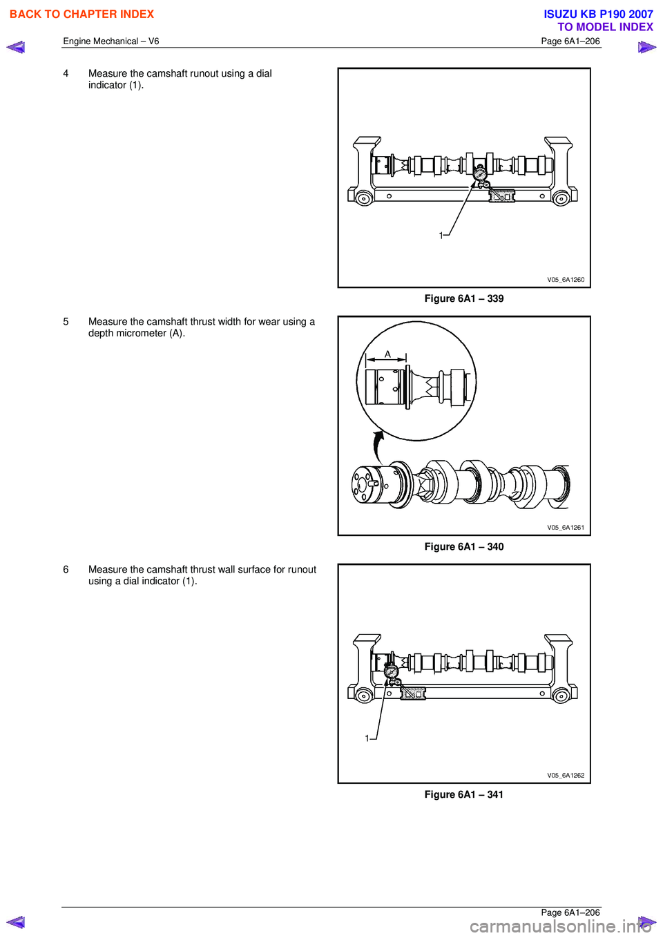 ISUZU KB P190 2007  Workshop Workshop Manual Engine Mechanical – V6 Page 6A1–206 
 Page 6A1–206 
4  Measure the camshaft runout using a dial 
indicator (1). 
 
 
Figure 6A1 – 339 
5  Measure the camshaft thrust width for wear using a  de