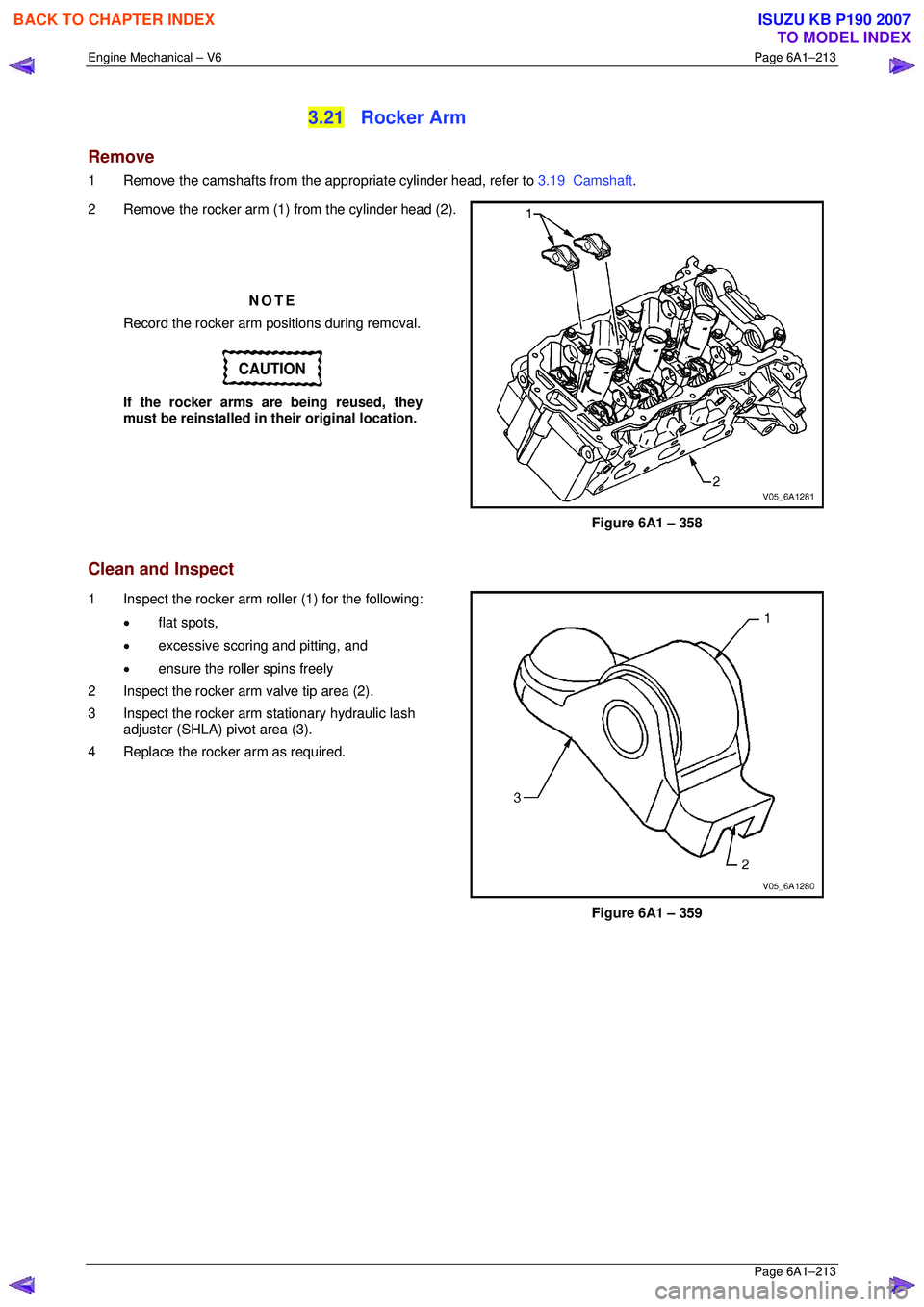 ISUZU KB P190 2007  Workshop Repair Manual Engine Mechanical – V6 Page 6A1–213 
 Page 6A1–213 
3.21 Rocker Arm 
Remove 
1  Remove the camshafts from the appropriate cylinder head, refer to 3.19  Camshaft. 
2  Remove the rocker arm (1) fr