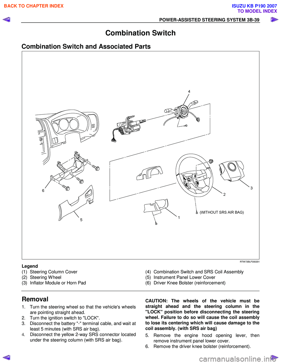 ISUZU KB P190 2007  Workshop Owners Guide POWER-ASSISTED STEERING SYSTEM 3B-39 
Combination Switch 
Combination Switch and Associated Parts 
   
 
 
 
 
 
 
 
 
RTW 73BLF000201 
Legend  
(1)  Steering Column Cover  
(2) Steering W heel 
(3)  