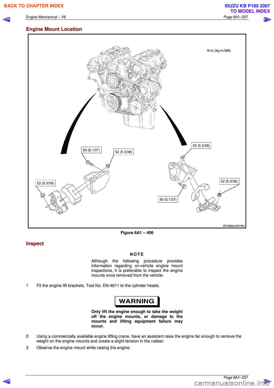 ISUZU KB P190 2007  Workshop Repair Manual Engine Mechanical – V6 Page 6A1–237 
 Page 6A1–237 
Engine Mount Location 
 
Figure 6A1 – 406 
Inspect 
NOTE 
Although the following procedure provides  
information regarding on-vehicle engin
