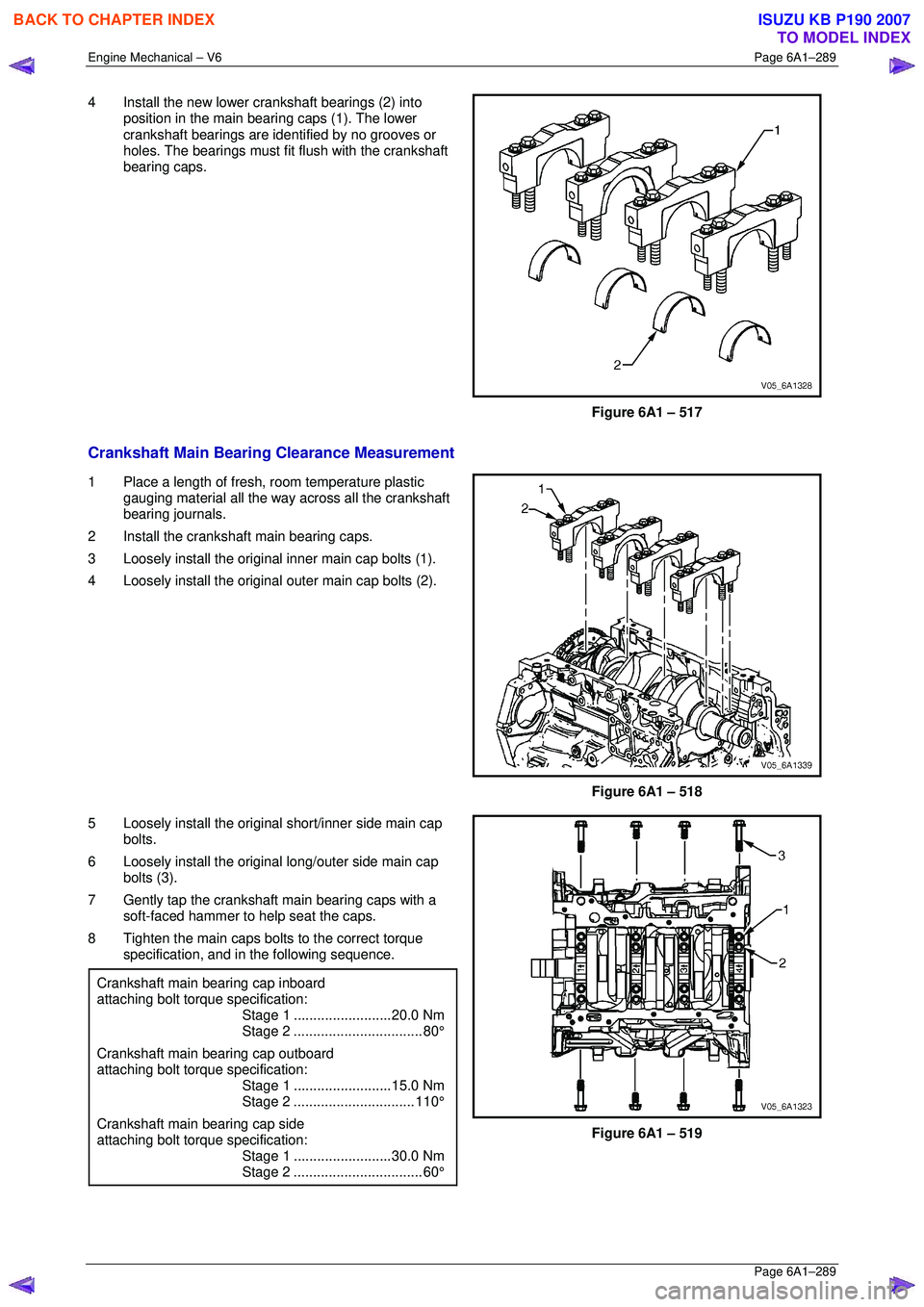 ISUZU KB P190 2007 Workshop Repair Manual Engine Mechanical – V6 Page 6A1–289
Page 6A1–289
4 Install the new lower crankshaft bearings (2) into
position in the main bearing caps (1). The lower
crankshaft bearings are ident ified ISUZU KB P190 2007 Workshop Repair Manual Engine Mechanical – V6 Page 6A1–289
Page 6A1–289
4 Install the new lower crankshaft bearings (2) into
position in the main bearing caps (1). The lower
crankshaft bearings are ident ified