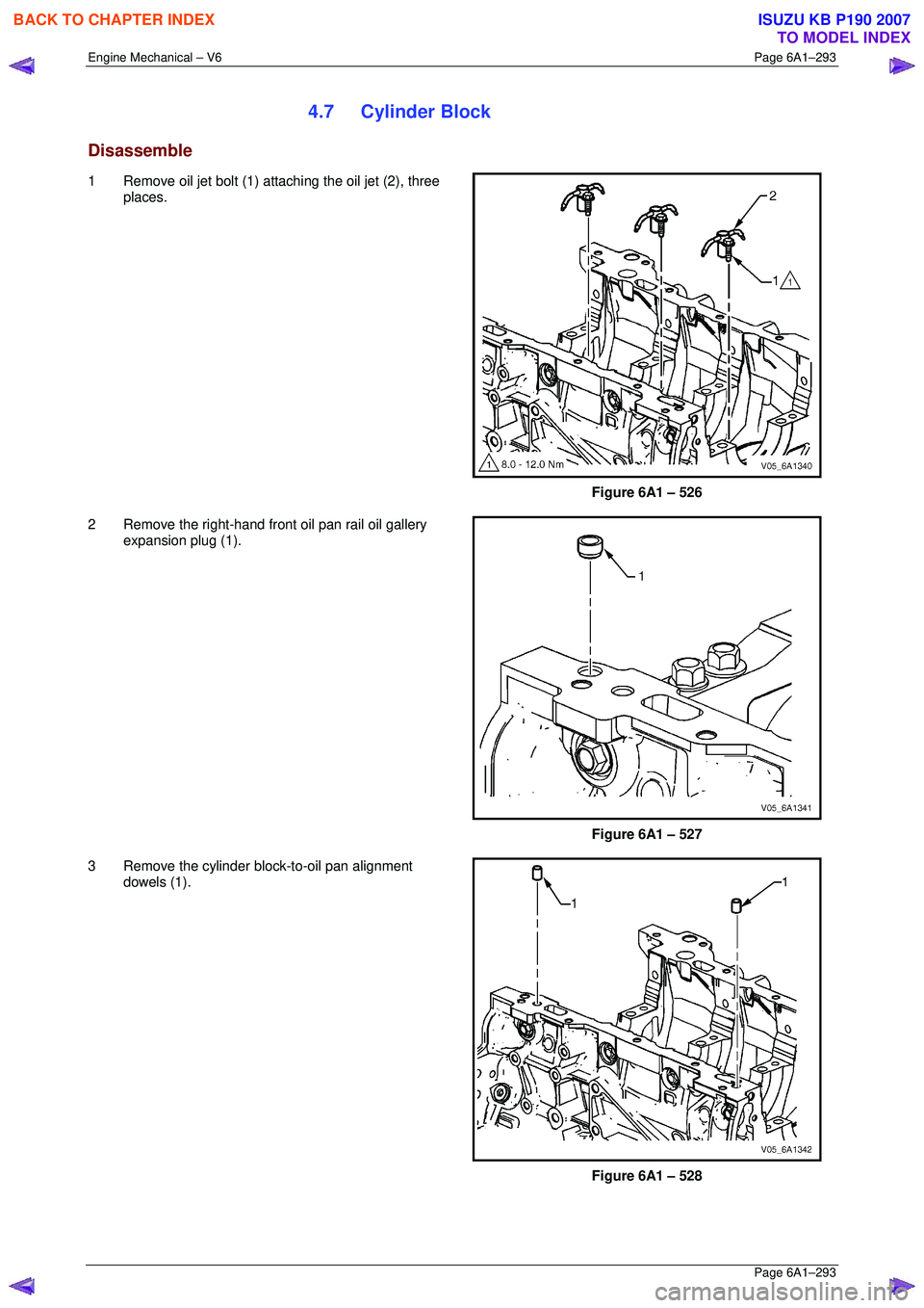 ISUZU KB P190 2007 Workshop Repair Manual Engine Mechanical – V6 Page 6A1–293
Page 6A1–293
4.7 Cylinder Block
Disassemble
1 Remove oil jet bolt (1) attaching the oil jet (2), three
places.
Figure 6A1 – 526
2 Remove the rig ISUZU KB P190 2007 Workshop Repair Manual Engine Mechanical – V6 Page 6A1–293
Page 6A1–293
4.7 Cylinder Block
Disassemble
1 Remove oil jet bolt (1) attaching the oil jet (2), three
places.
Figure 6A1 – 526
2 Remove the rig