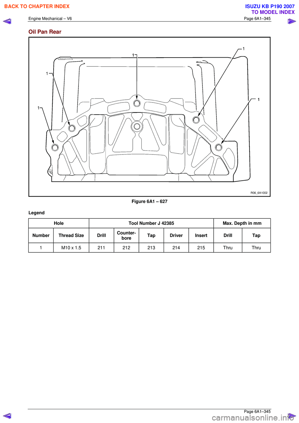 ISUZU KB P190 2007 Workshop Repair Manual Engine Mechanical – V6 Page 6A1–345
Page 6A1–345
Oil Pan Rear
Figure 6A1 – 627
Legend Hole Tool Number J 42385 Max. Depth in mm
Number Thread Size Drill Counter-
bore Tap Driver I ISUZU KB P190 2007 Workshop Repair Manual Engine Mechanical – V6 Page 6A1–345
Page 6A1–345
Oil Pan Rear
Figure 6A1 – 627
Legend Hole Tool Number J 42385 Max. Depth in mm
Number Thread Size Drill Counter-
bore Tap Driver I