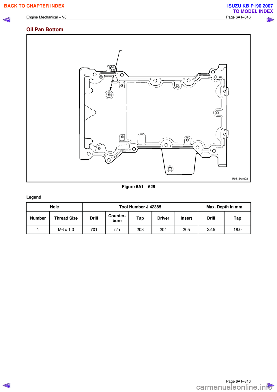 ISUZU KB P190 2007 Workshop Repair Manual Engine Mechanical – V6 Page 6A1–346
Page 6A1–346
Oil Pan Bottom
Figure 6A1 – 628
Legend Hole Tool Number J 42385 Max. Depth in mm
Number Thread Size Drill Counter-
bore Tap Driver ISUZU KB P190 2007 Workshop Repair Manual Engine Mechanical – V6 Page 6A1–346
Page 6A1–346
Oil Pan Bottom
Figure 6A1 – 628
Legend Hole Tool Number J 42385 Max. Depth in mm
Number Thread Size Drill Counter-
bore Tap Driver