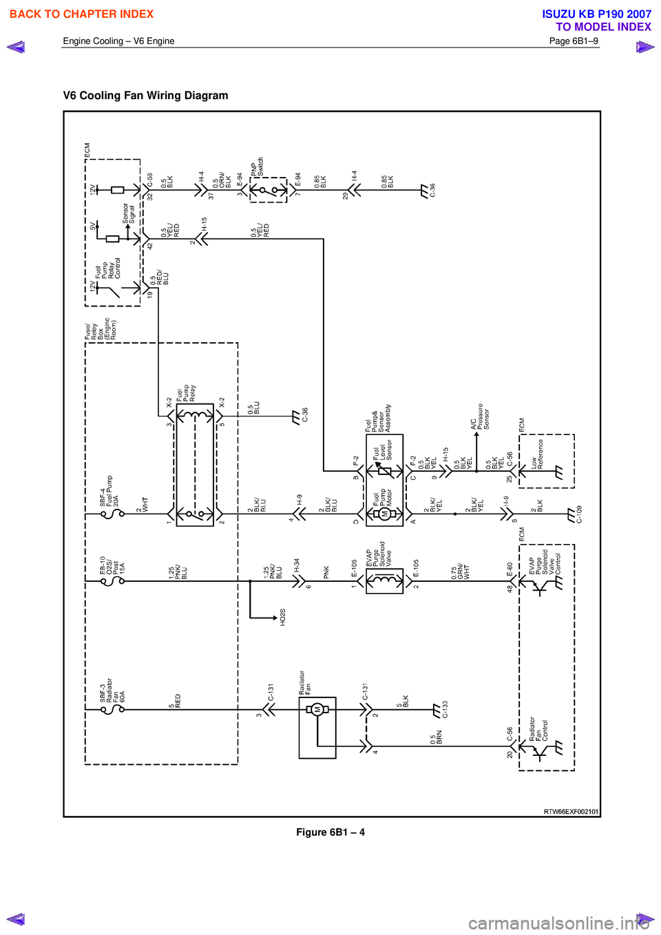 ISUZU KB P190 2007 Workshop Workshop Manual Engine Cooling – V6 Engine Page 6B1–9
V6 Cooling Fan Wiring Diagram
Figure 6B1 – 4
BACK TO CHAPTER INDEX
TO MODEL INDEX
ISUZU KB P190 2007 ISUZU KB P190 2007 Workshop Workshop Manual Engine Cooling – V6 Engine Page 6B1–9
V6 Cooling Fan Wiring Diagram
Figure 6B1 – 4
BACK TO CHAPTER INDEX
TO MODEL INDEX
ISUZU KB P190 2007
