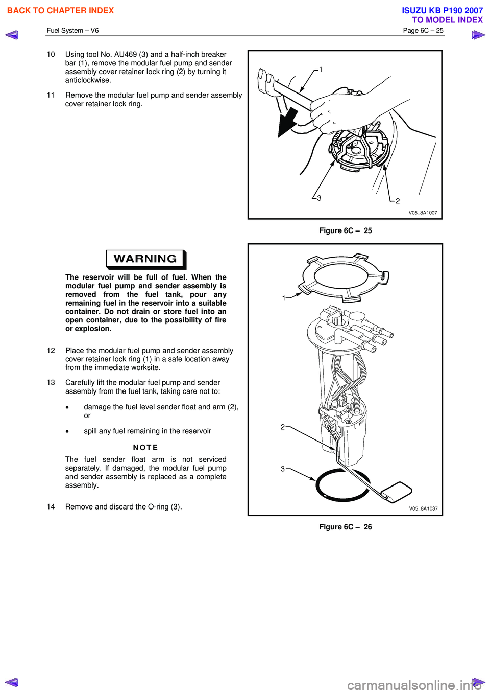 ISUZU KB P190 2007  Workshop Repair Manual Fuel System – V6 Page 6C – 25 
 
10  Using tool No. AU469 (3) and a half-inch breaker 
bar (1), remove the modular fuel pump and sender  
assembly cover retainer lock ring (2) by turning it  
anti