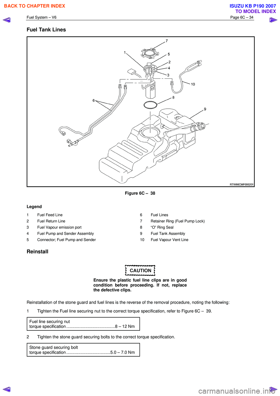 ISUZU KB P190 2007 Workshop Repair Manual Fuel System – V6 Page 6C – 34
Fuel Tank Lines
Figure 6C – 38
Legend
1 Fuel Feed Line
2 Fuel Return Line
3 Fuel Vapour emission port
4 Fuel Pump and Sender Assembly
5 Connector ISUZU KB P190 2007 Workshop Repair Manual Fuel System – V6 Page 6C – 34
Fuel Tank Lines
Figure 6C – 38
Legend
1 Fuel Feed Line
2 Fuel Return Line
3 Fuel Vapour emission port
4 Fuel Pump and Sender Assembly
5 Connector