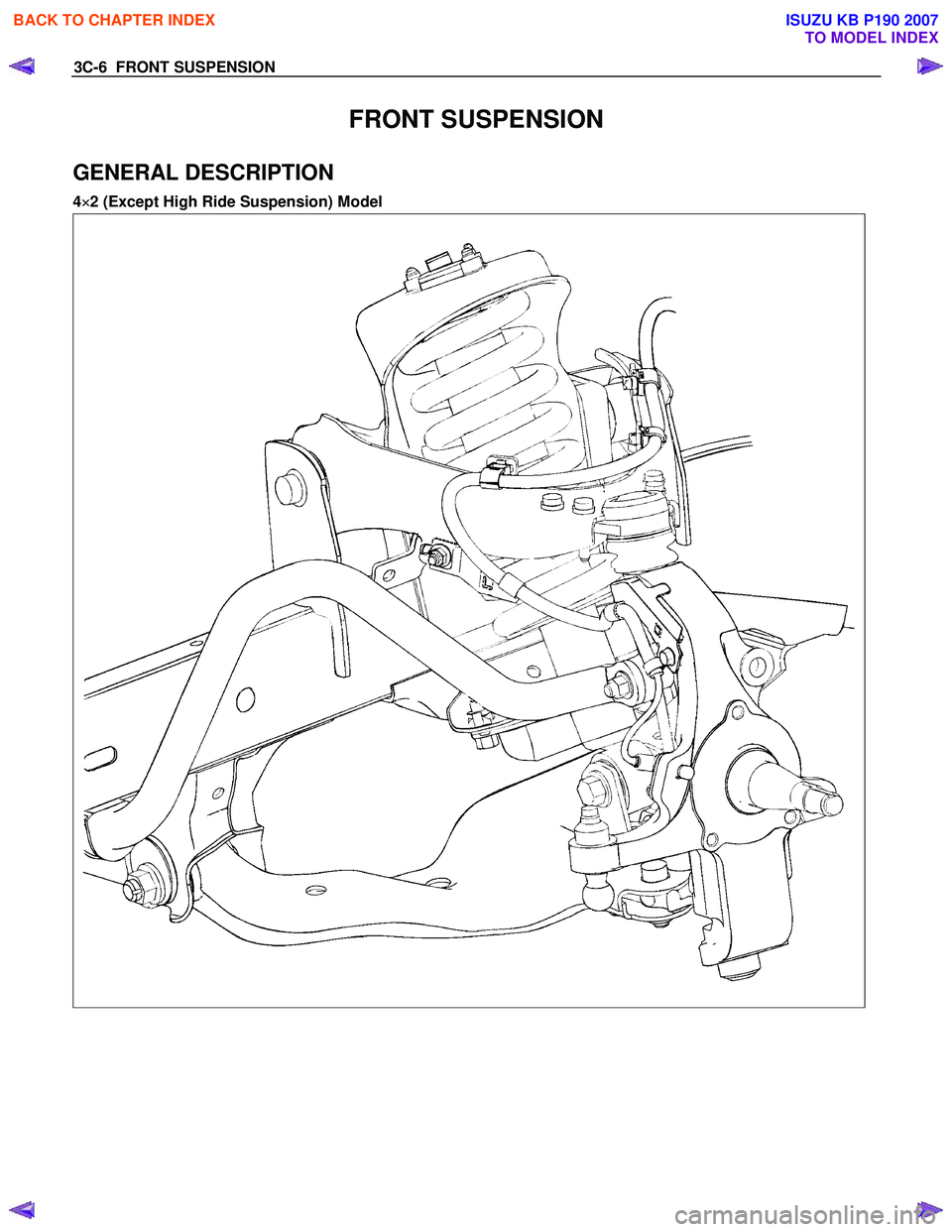 ISUZU KB P190 2007  Workshop Repair Manual 3C-6  FRONT SUSPENSION 
FRONT SUSPENSION 
GENERAL DESCRIPTION 
4×
×× 
×
2 (Except High Ride Suspension) Model 
 
 
   
 
 
BACK TO CHAPTER INDEX
TO MODEL INDEX
ISUZU KB P190 2007 