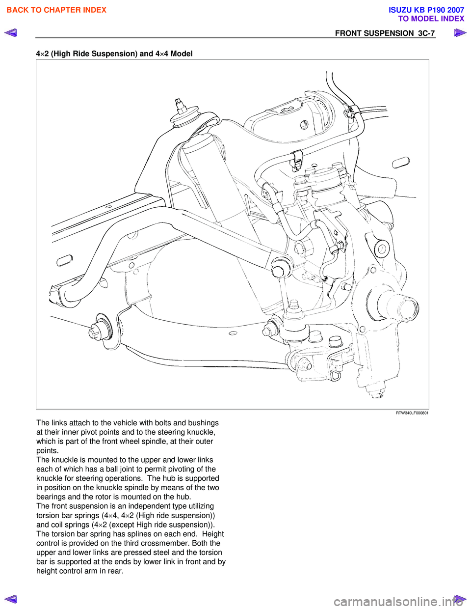 ISUZU KB P190 2007 Workshop Repair Manual FRONT SUSPENSION 3C-7
4×
××
×
2 (High Ride Suspension) and 4 ×
××
×
4 Model
RTW 340LF000801
The links attach to the vehicle with bolts and bushings
at their inner pivot points and to t ISUZU KB P190 2007 Workshop Repair Manual FRONT SUSPENSION 3C-7
4×
××
×
2 (High Ride Suspension) and 4 ×
××
×
4 Model
RTW 340LF000801
The links attach to the vehicle with bolts and bushings
at their inner pivot points and to t