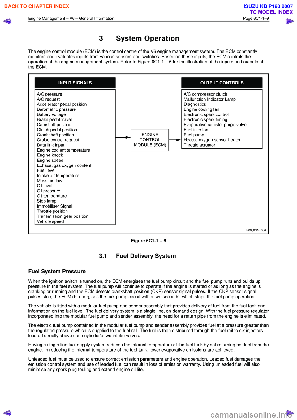 ISUZU KB P190 2007 Workshop Repair Manual Engine Management – V6 – General Information Page 6C1-1–9
3 System Operation
The engine control module (ECM) is the control centre of the V6 engine management system. The ECM constantly
mo ISUZU KB P190 2007 Workshop Repair Manual Engine Management – V6 – General Information Page 6C1-1–9
3 System Operation
The engine control module (ECM) is the control centre of the V6 engine management system. The ECM constantly
mo