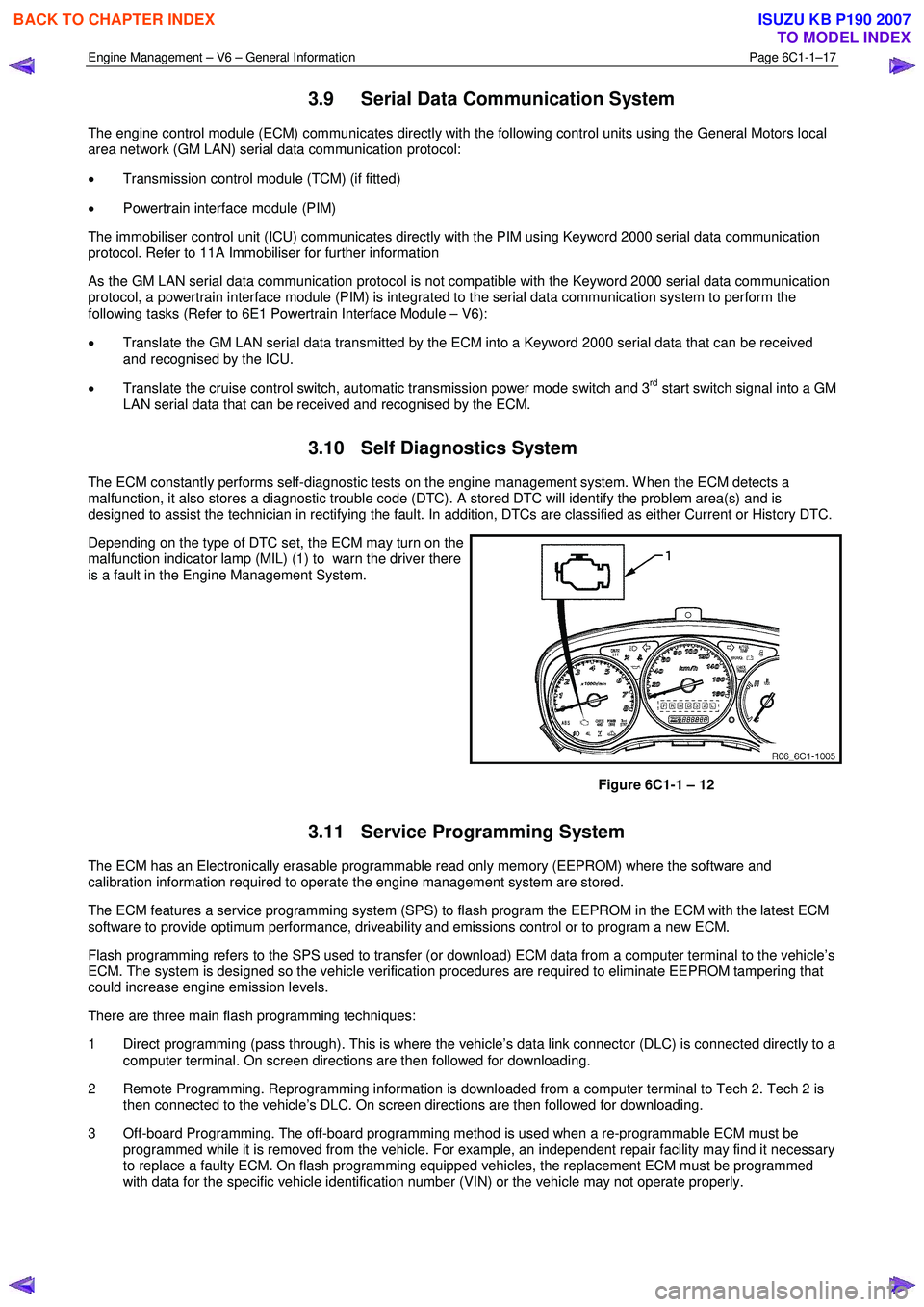 ISUZU KB P190 2007  Workshop Owners Guide Engine Management – V6 – General Information Page 6C1-1–17 
 
3.9  Serial Data Communication System 
The engine control module (ECM) communicates directly with the following control units using 