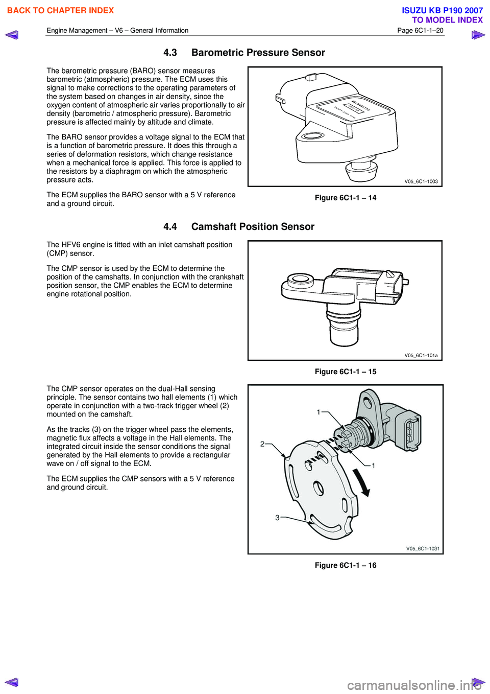 ISUZU KB P190 2007 Workshop Repair Manual Engine Management – V6 – General Information Page 6C1-1–20
4.3 Barometric Pressure Sensor
The barometric pressure (BARO) sensor measures
barometric (atmospheric) pressure. The ECM uses th ISUZU KB P190 2007 Workshop Repair Manual Engine Management – V6 – General Information Page 6C1-1–20
4.3 Barometric Pressure Sensor
The barometric pressure (BARO) sensor measures
barometric (atmospheric) pressure. The ECM uses th