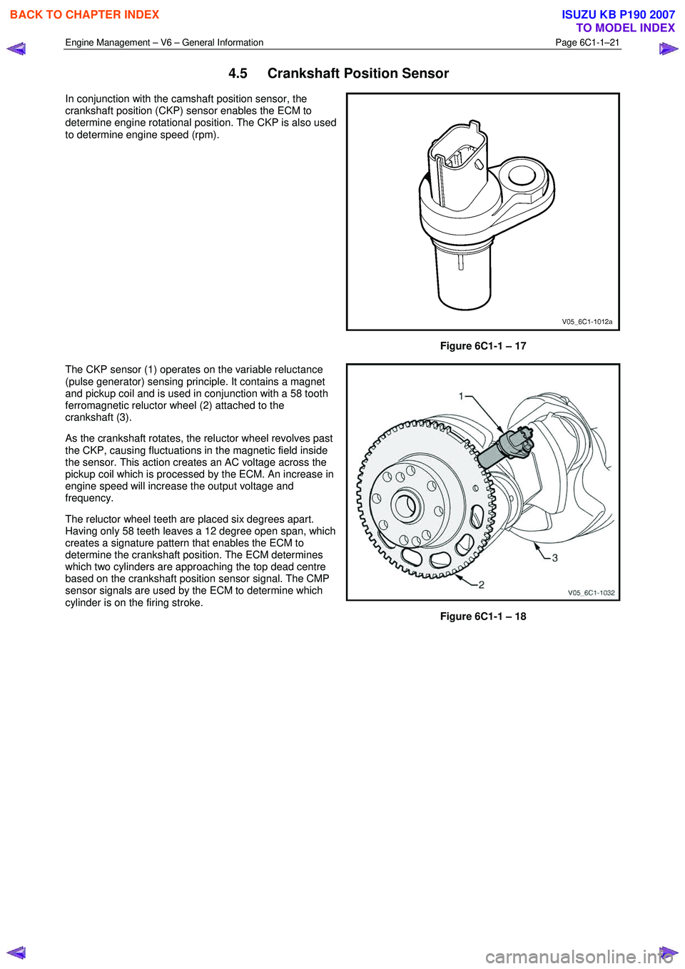 ISUZU KB P190 2007 Workshop Repair Manual Engine Management – V6 – General Information Page 6C1-1–21
4.5 Crankshaft Position Sensor
In conjunction with the camshaft position sensor, the
crankshaft position (CKP) sensor enables th ISUZU KB P190 2007 Workshop Repair Manual Engine Management – V6 – General Information Page 6C1-1–21
4.5 Crankshaft Position Sensor
In conjunction with the camshaft position sensor, the
crankshaft position (CKP) sensor enables th