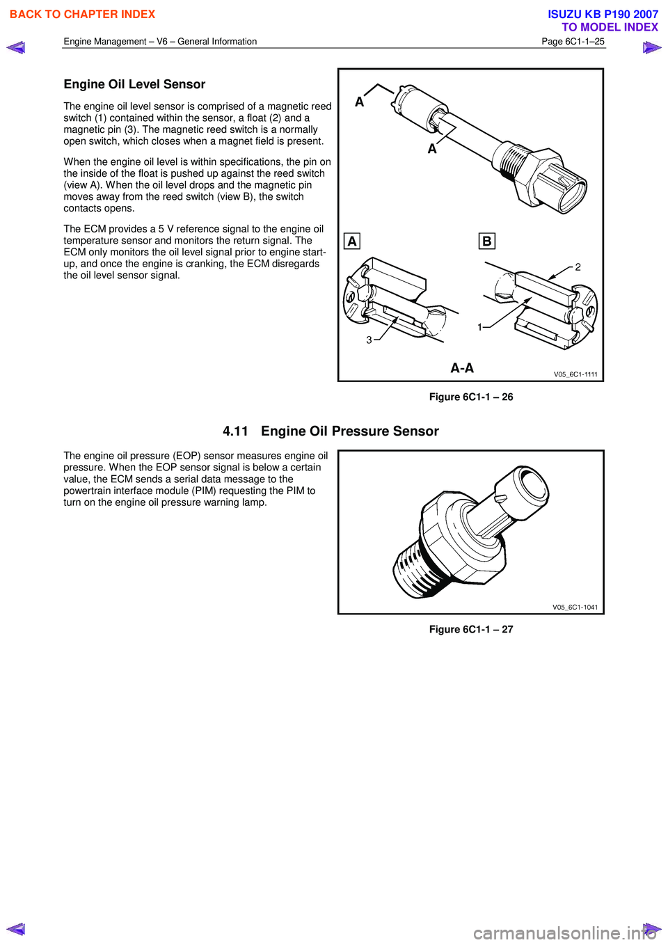 ISUZU KB P190 2007 Workshop Repair Manual Engine Management – V6 – General Information Page 6C1-1–25
Engine Oil Level Sensor
The engine oil level sensor is comprised of a magnetic reed
switch (1) contained within the sensor, a flo ISUZU KB P190 2007 Workshop Repair Manual Engine Management – V6 – General Information Page 6C1-1–25
Engine Oil Level Sensor
The engine oil level sensor is comprised of a magnetic reed
switch (1) contained within the sensor, a flo