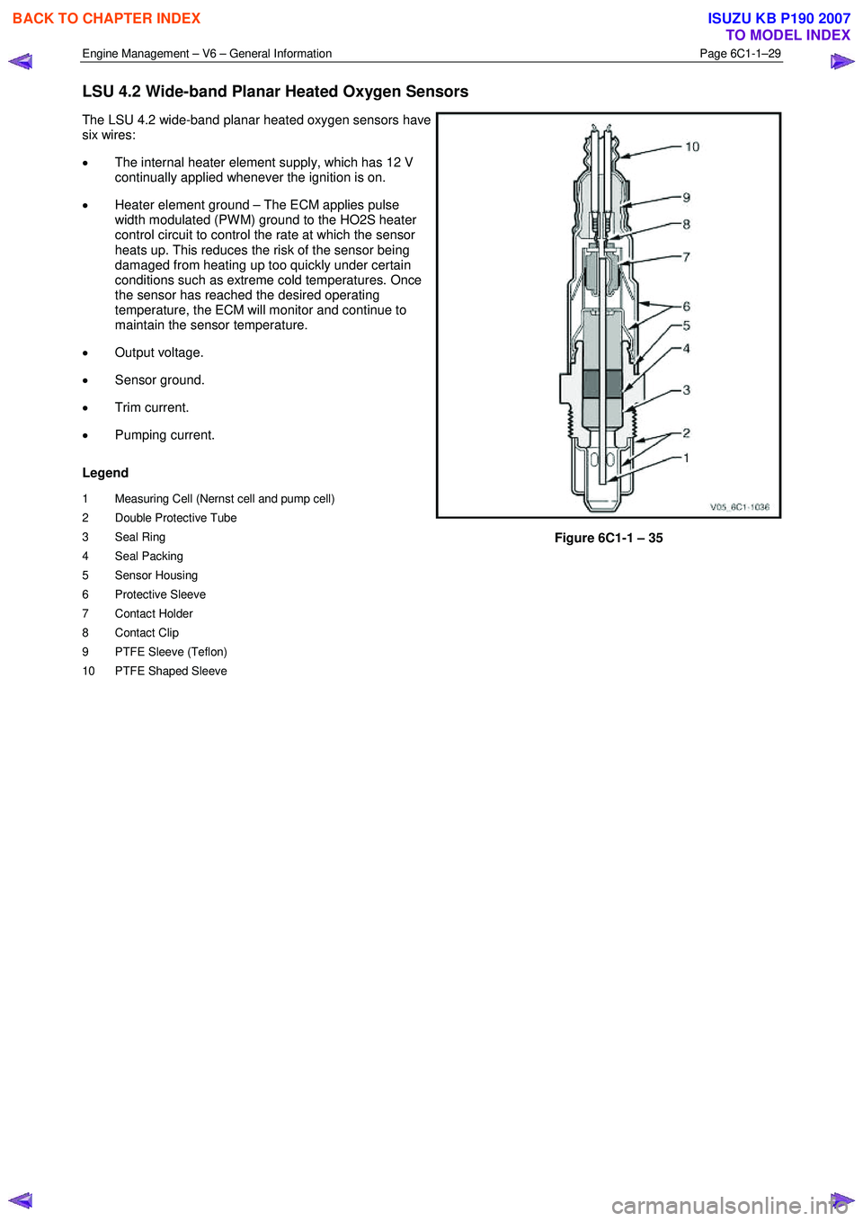 ISUZU KB P190 2007 Workshop Repair Manual Engine Management – V6 – General Information Page 6C1-1–29
LSU 4.2 Wide-band Planar Heated Oxygen Sensors
The LSU 4.2 wide-band planar heated oxygen sensors have
six wires:
• The inte ISUZU KB P190 2007 Workshop Repair Manual Engine Management – V6 – General Information Page 6C1-1–29
LSU 4.2 Wide-band Planar Heated Oxygen Sensors
The LSU 4.2 wide-band planar heated oxygen sensors have
six wires:
• The inte