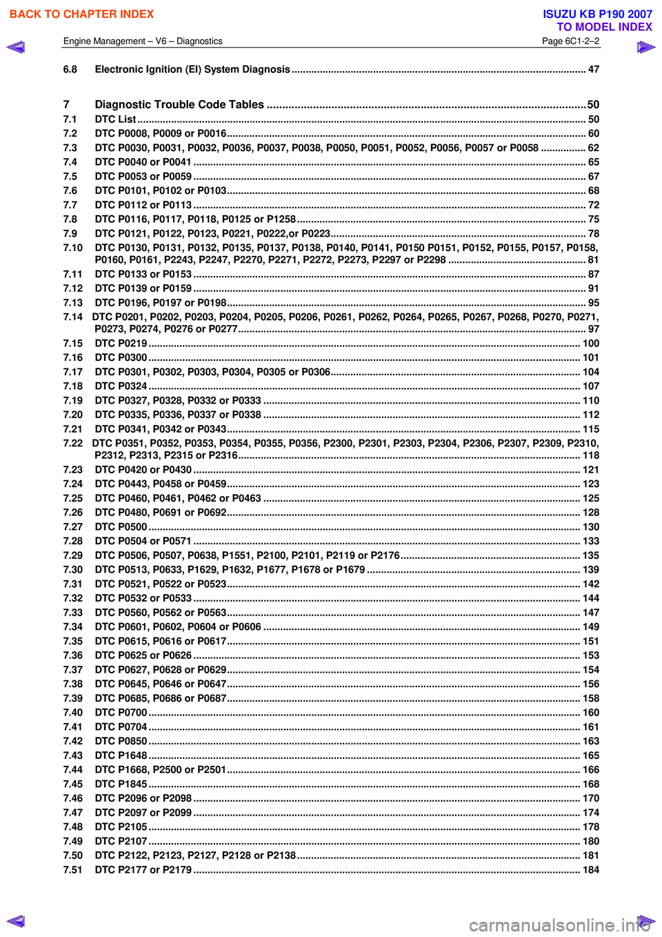 ISUZU KB P190 2007  Workshop Repair Manual Engine Management – V6 – Diagnostics Page 6C1-2–2 
 
6.8 Electronic Ignition (EI) System Diagnosis ...............................................................................................