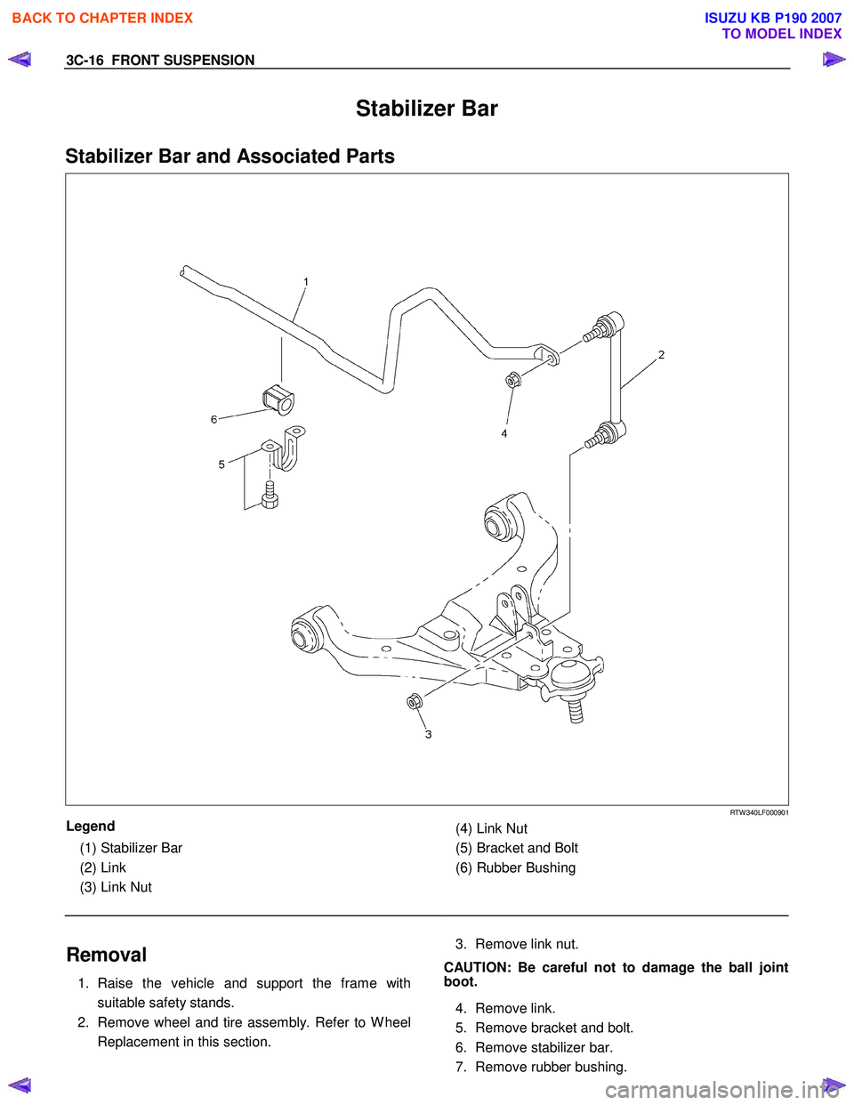 ISUZU KB P190 2007  Workshop Repair Manual 3C-16  FRONT SUSPENSION 
Stabilizer Bar 
Stabilizer Bar and Associated Parts  
  
  
   
RTW 340LF000901 
Legend  
  (1)  Stabilizer Bar  
  (2)  Link  
  (3)  Link Nut  
   
 (4)  Link Nut  
  (5)  B