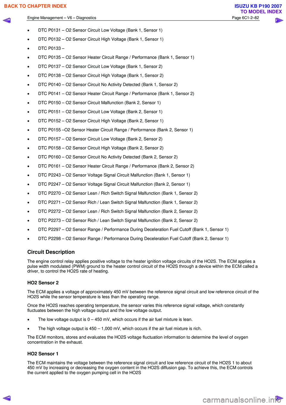 ISUZU KB P190 2007 Workshop Repair Manual Engine Management – V6 – Diagnostics Page 6C1-2–82
• DTC P0131 – O2 Sensor Circuit Low Voltage (Bank 1, Sensor 1)
• DTC P0132 – O2 Sensor Circuit High Voltage (Bank 1, Sensor 1)
†ISUZU KB P190 2007 Workshop Repair Manual Engine Management – V6 – Diagnostics Page 6C1-2–82
• DTC P0131 – O2 Sensor Circuit Low Voltage (Bank 1, Sensor 1)
• DTC P0132 – O2 Sensor Circuit High Voltage (Bank 1, Sensor 1)
â€