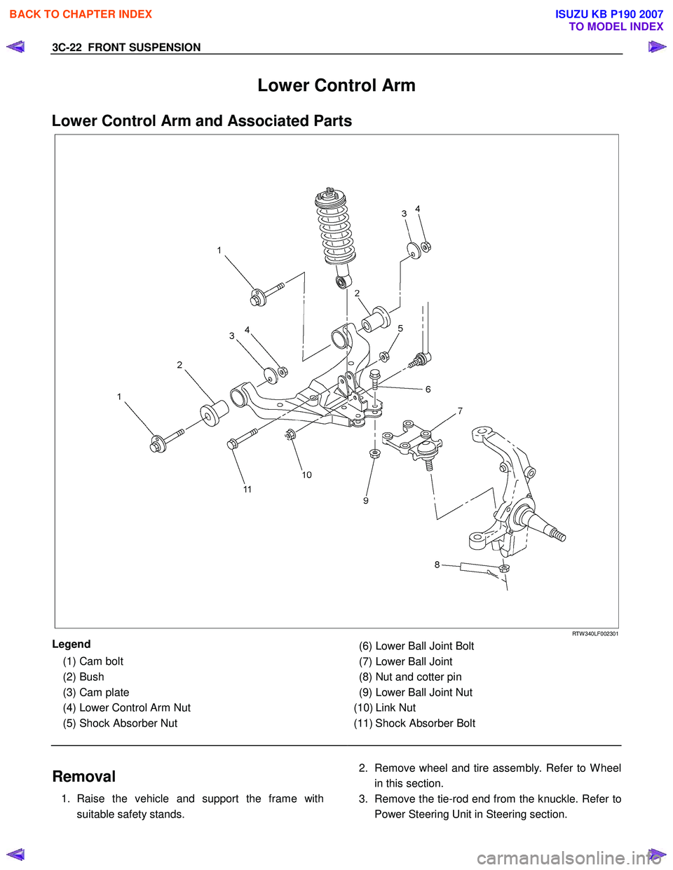 ISUZU KB P190 2007 Workshop Repair Manual 3C-22 FRONT SUSPENSION
Lower Control Arm
Lower Control Arm and Associated Parts
RTW 340LF002301
Legend
(1) Cam bolt
(2) Bush
(3) Cam plate
(4) Lower Control Arm Nut
(5) Shoc ISUZU KB P190 2007 Workshop Repair Manual 3C-22 FRONT SUSPENSION
Lower Control Arm
Lower Control Arm and Associated Parts
RTW 340LF002301
Legend
(1) Cam bolt
(2) Bush
(3) Cam plate
(4) Lower Control Arm Nut
(5) Shoc