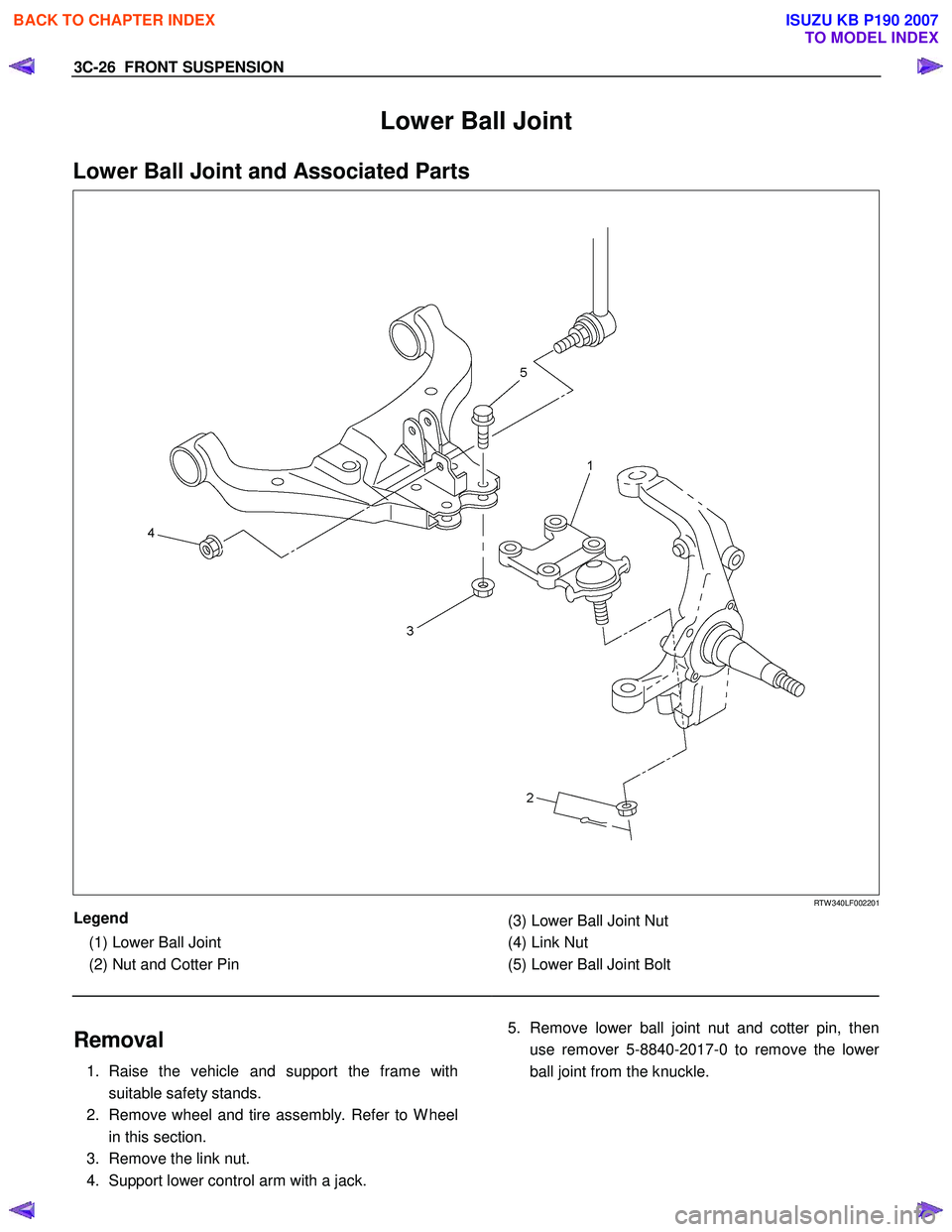 ISUZU KB P190 2007 Workshop Repair Manual 3C-26 FRONT SUSPENSION
Lower Ball Joint
Lower Ball Joint and Associated Parts
RTW 340LF002201
Legend
(1) Lower Ball Joint
(2) Nut and Cotter Pin
(3) Lower Ball Joint Nut ISUZU KB P190 2007 Workshop Repair Manual 3C-26 FRONT SUSPENSION
Lower Ball Joint
Lower Ball Joint and Associated Parts
RTW 340LF002201
Legend
(1) Lower Ball Joint
(2) Nut and Cotter Pin
(3) Lower Ball Joint Nut