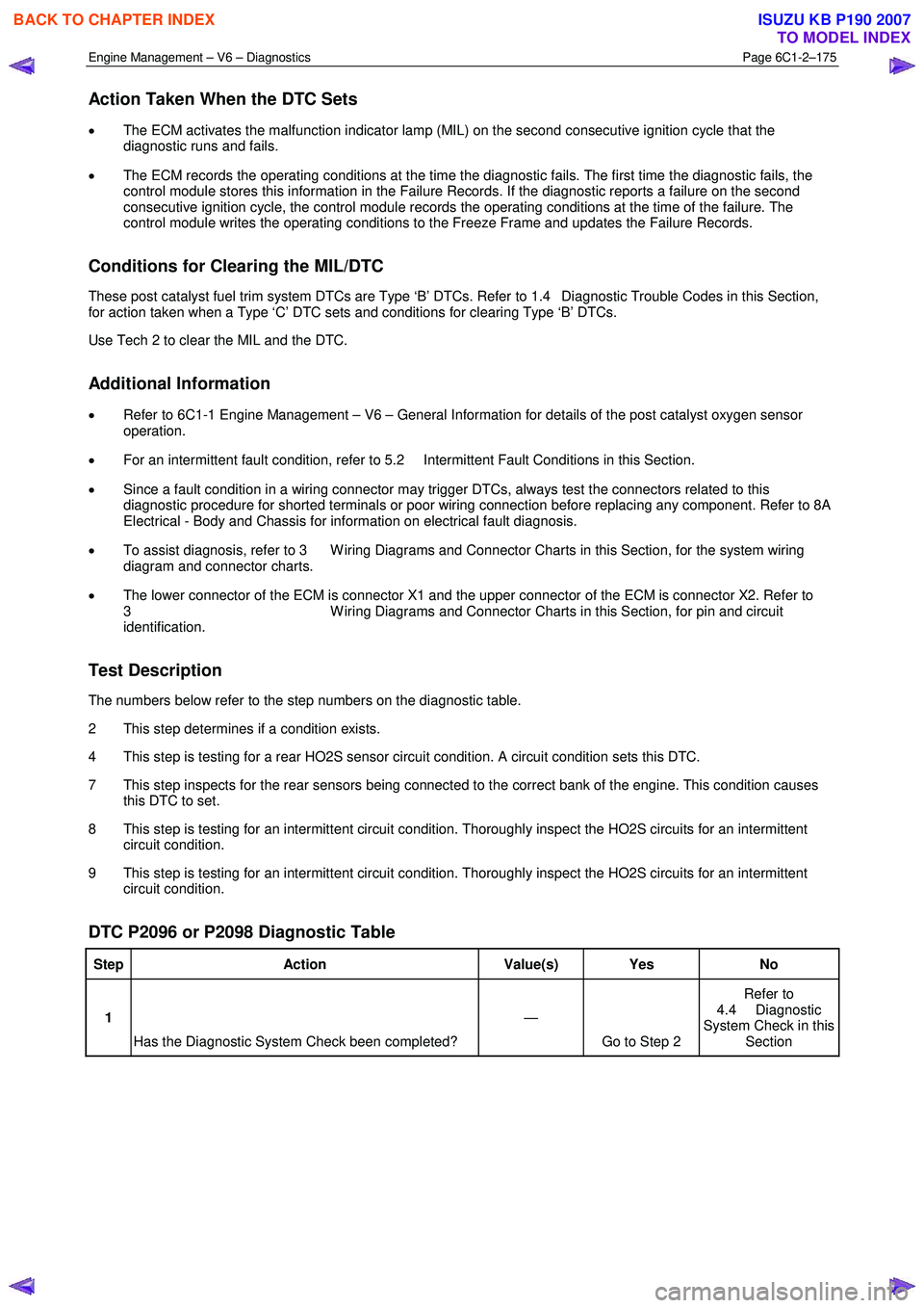 ISUZU KB P190 2007 Workshop Repair Manual Engine Management – V6 – Diagnostics Page 6C1-2–175
Action Taken When the DTC Sets
• The ECM activates the malfunction indicator lamp (MIL) on the second consecutive ignition cycle that th ISUZU KB P190 2007 Workshop Repair Manual Engine Management – V6 – Diagnostics Page 6C1-2–175
Action Taken When the DTC Sets
• The ECM activates the malfunction indicator lamp (MIL) on the second consecutive ignition cycle that th