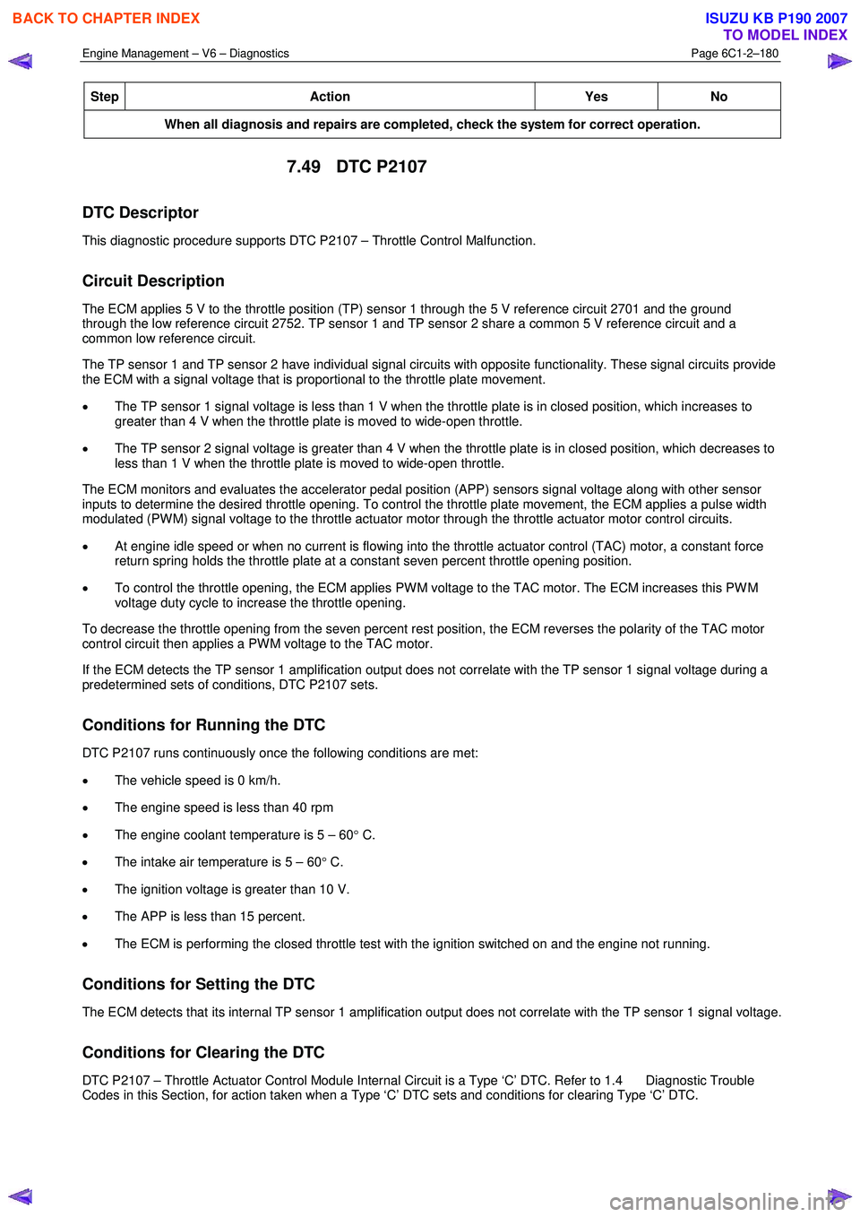 ISUZU KB P190 2007 Workshop Repair Manual Engine Management – V6 – Diagnostics Page 6C1-2–180
Step Action Yes
No
When all diagnosis and repairs are completed, check the system for correct operation.
7.49 DTC P2107
DTC Descriptor ISUZU KB P190 2007 Workshop Repair Manual Engine Management – V6 – Diagnostics Page 6C1-2–180
Step Action Yes
No
When all diagnosis and repairs are completed, check the system for correct operation.
7.49 DTC P2107
DTC Descriptor