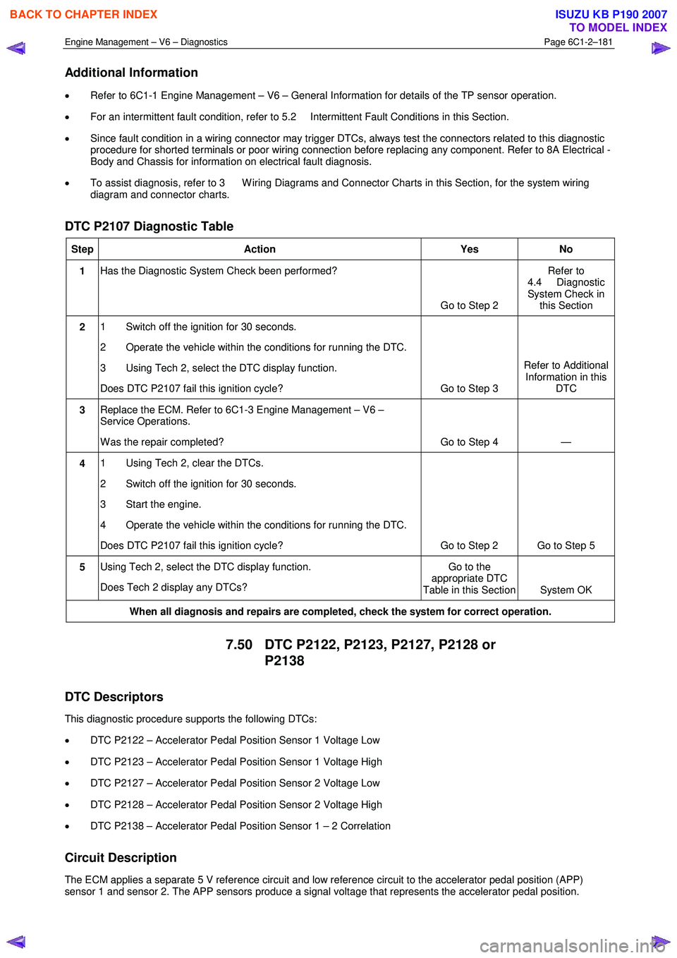 ISUZU KB P190 2007 Workshop Repair Manual Engine Management – V6 – Diagnostics Page 6C1-2–181
Additional Information
• Refer to 6C1-1 Engine Management – V6 – General Information for details of the TP sensor operation.
• F ISUZU KB P190 2007 Workshop Repair Manual Engine Management – V6 – Diagnostics Page 6C1-2–181
Additional Information
• Refer to 6C1-1 Engine Management – V6 – General Information for details of the TP sensor operation.
• F