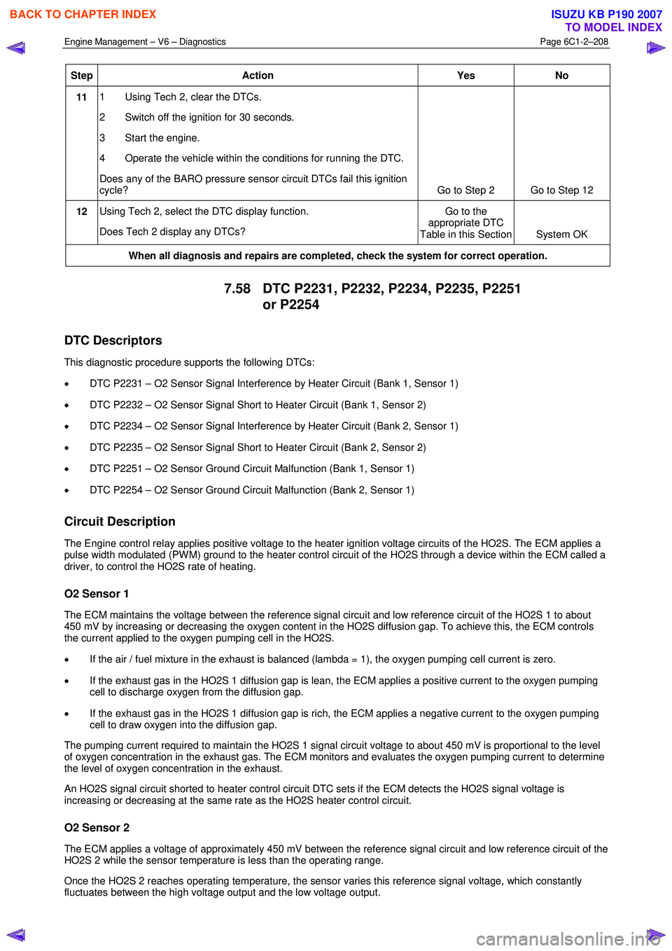 ISUZU KB P190 2007 Workshop Repair Manual Engine Management – V6 – Diagnostics Page 6C1-2–208
Step Action Yes
No
11 1 Using Tech 2, clear the DTCs.
2 Switch off the ignition for 30 seconds.
3 Start the engine.
4 Operate th ISUZU KB P190 2007 Workshop Repair Manual Engine Management – V6 – Diagnostics Page 6C1-2–208
Step Action Yes
No
11 1 Using Tech 2, clear the DTCs.
2 Switch off the ignition for 30 seconds.
3 Start the engine.
4 Operate th