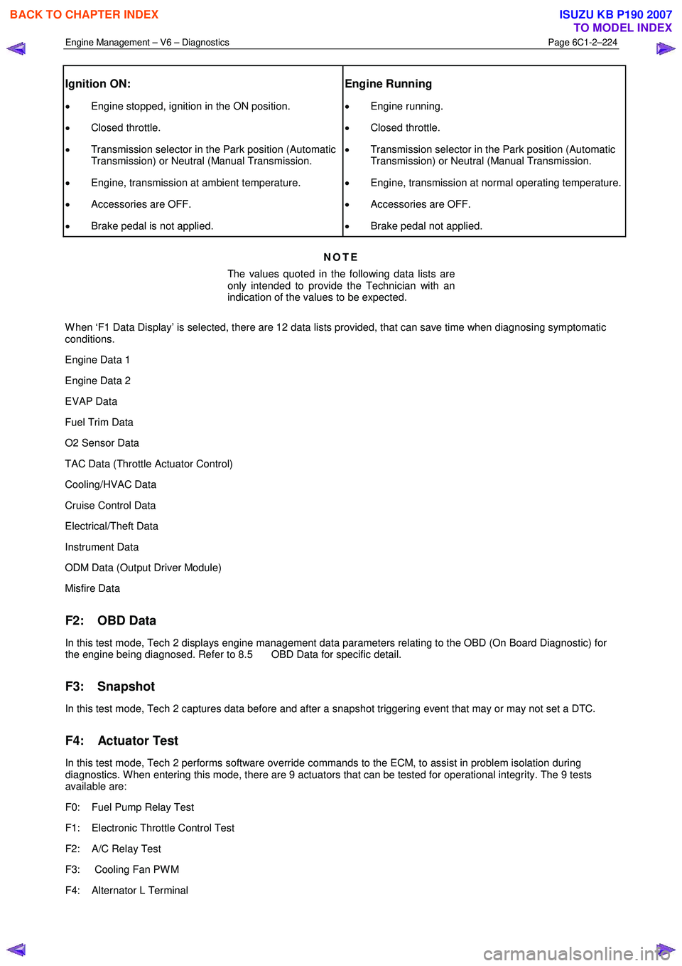 ISUZU KB P190 2007  Workshop Repair Manual Engine Management – V6 – Diagnostics Page 6C1-2–224 
 
Ignition ON: 
• Engine stopped, ignition in the ON position. 
•  Closed throttle. 
•  Transmission selector in the Park position (Aut