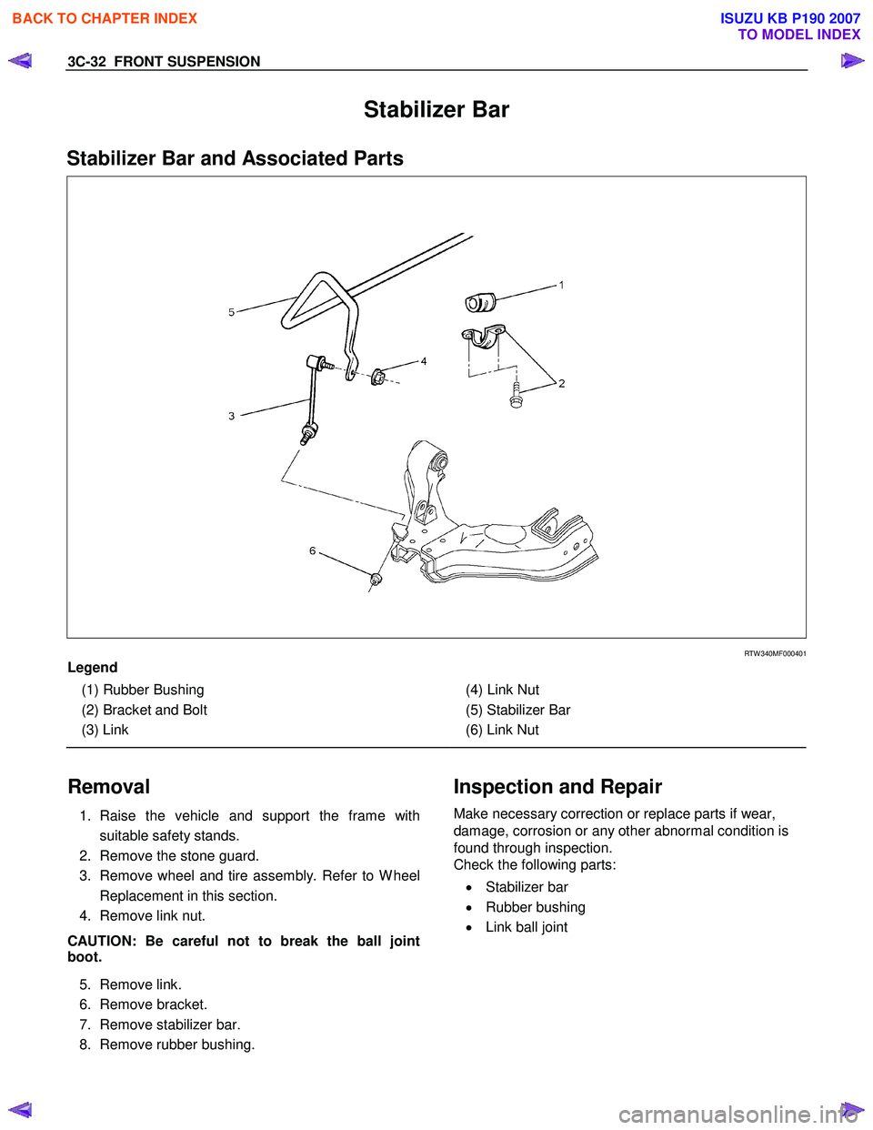 ISUZU KB P190 2007 Workshop User Guide 3C-32 FRONT SUSPENSION
Stabilizer Bar
Stabilizer Bar and Associated Parts
RTW 340MF000401
Legend
(1) Rubber Bushing
(2) Bracket and Bolt
(3) Link
(4) Link Nut
(5) ISUZU KB P190 2007 Workshop User Guide 3C-32 FRONT SUSPENSION
Stabilizer Bar
Stabilizer Bar and Associated Parts
RTW 340MF000401
Legend
(1) Rubber Bushing
(2) Bracket and Bolt
(3) Link
(4) Link Nut
(5)