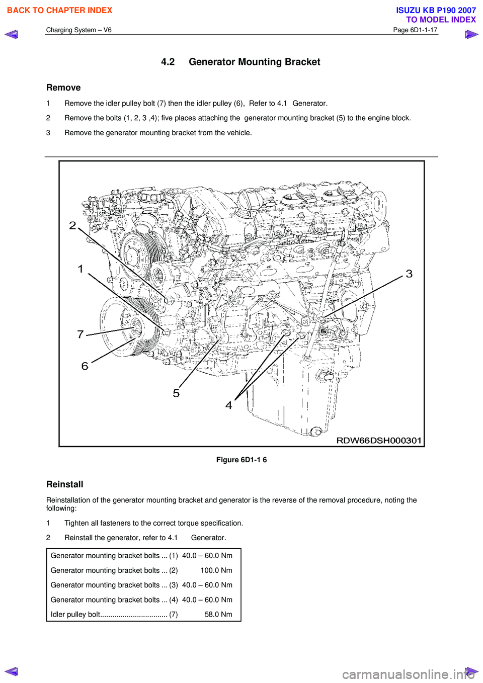 ISUZU KB P190 2007 Workshop Repair Manual Charging System – V6 Page 6D1-1-17
4.2 Generator Mounting Bracket
Remove
1 Remove the idler pulley bolt (7) then the idler pulley (6), Refer to 4.1 Generator.
2 Remove the bolts (1, 2, 3 ISUZU KB P190 2007 Workshop Repair Manual Charging System – V6 Page 6D1-1-17
4.2 Generator Mounting Bracket
Remove
1 Remove the idler pulley bolt (7) then the idler pulley (6), Refer to 4.1 Generator.
2 Remove the bolts (1, 2, 3