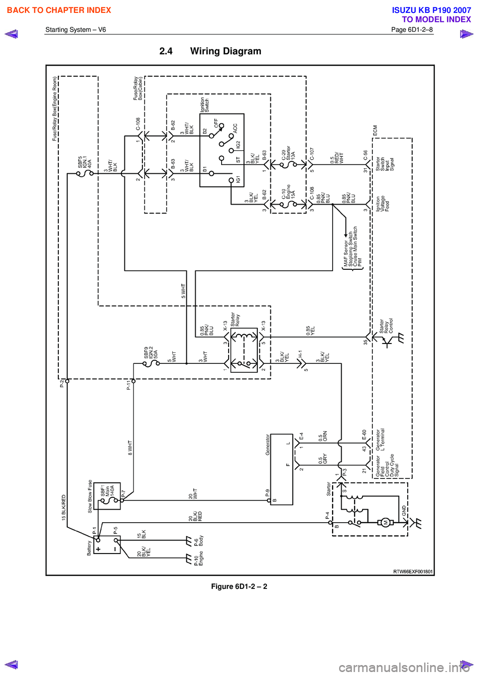 ISUZU KB P190 2007 Workshop Repair Manual Starting System – V6 Page 6D1-2–8
2.4 Wiring Diagram
Figure 6D1-2 – 2
BACK TO CHAPTER INDEX
TO MODEL INDEX
ISUZU KB P190 2007 ISUZU KB P190 2007 Workshop Repair Manual Starting System – V6 Page 6D1-2–8
2.4 Wiring Diagram
Figure 6D1-2 – 2
BACK TO CHAPTER INDEX
TO MODEL INDEX
ISUZU KB P190 2007