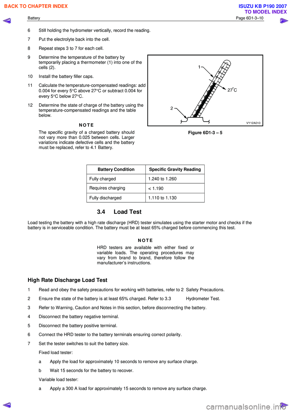 ISUZU KB P190 2007 Workshop Repair Manual Battery Page 6D1-3–10
6 Still holding the hydrometer vertically, record the reading.
7 Put the electrolyte back into the cell.
8 Repeat steps 3 to 7 for each cell.
9 Determine the tempera ISUZU KB P190 2007 Workshop Repair Manual Battery Page 6D1-3–10
6 Still holding the hydrometer vertically, record the reading.
7 Put the electrolyte back into the cell.
8 Repeat steps 3 to 7 for each cell.
9 Determine the tempera