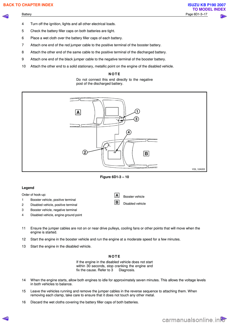 ISUZU KB P190 2007 Workshop Manual PDF Battery Page 6D1-3–17
4 Turn off the ignition, lights and all other electrical loads.
5 Check the battery filler caps on both batteries are tight.
6 Place a wet cloth over the battery fille ISUZU KB P190 2007 Workshop Manual PDF Battery Page 6D1-3–17
4 Turn off the ignition, lights and all other electrical loads.
5 Check the battery filler caps on both batteries are tight.
6 Place a wet cloth over the battery fille