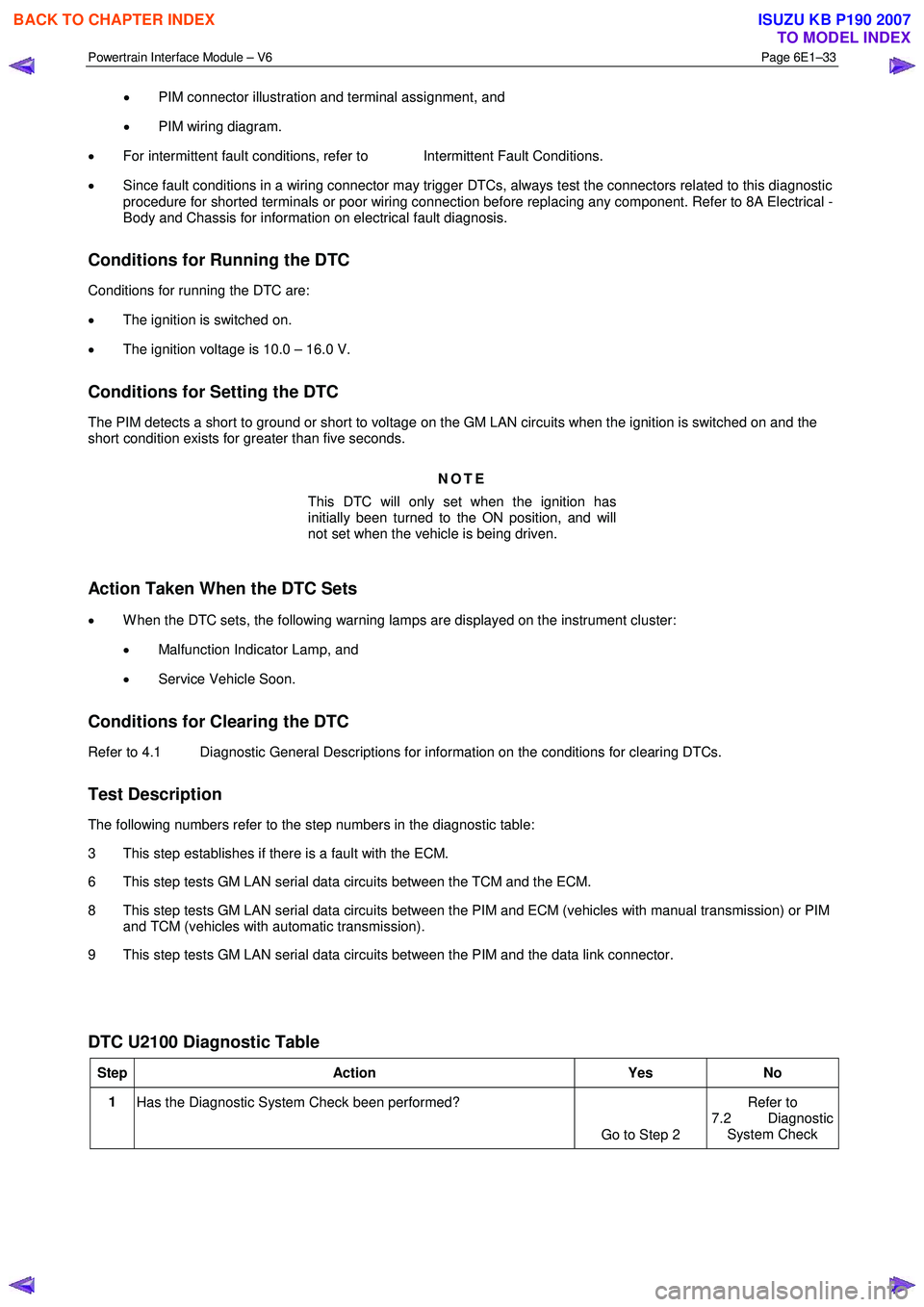 ISUZU KB P190 2007  Workshop Service Manual Powertrain Interface Module – V6 Page 6E1–33 
 
• PIM connector illustration and terminal assignment, and  
•  PIM wiring diagram. 
•  For intermittent fault conditions, refer to   Intermitt