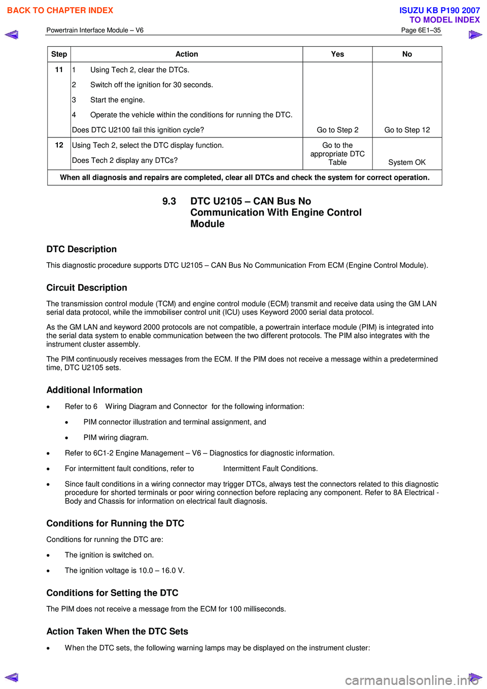 ISUZU KB P190 2007  Workshop Service Manual Powertrain Interface Module – V6 Page 6E1–35 
 
Step Action  Yes No 
11 
1  Using Tech 2, clear the DTCs.  
2  Switch off the ignition for 30 seconds.  
3  Start the engine. 
4  Operate the vehicl