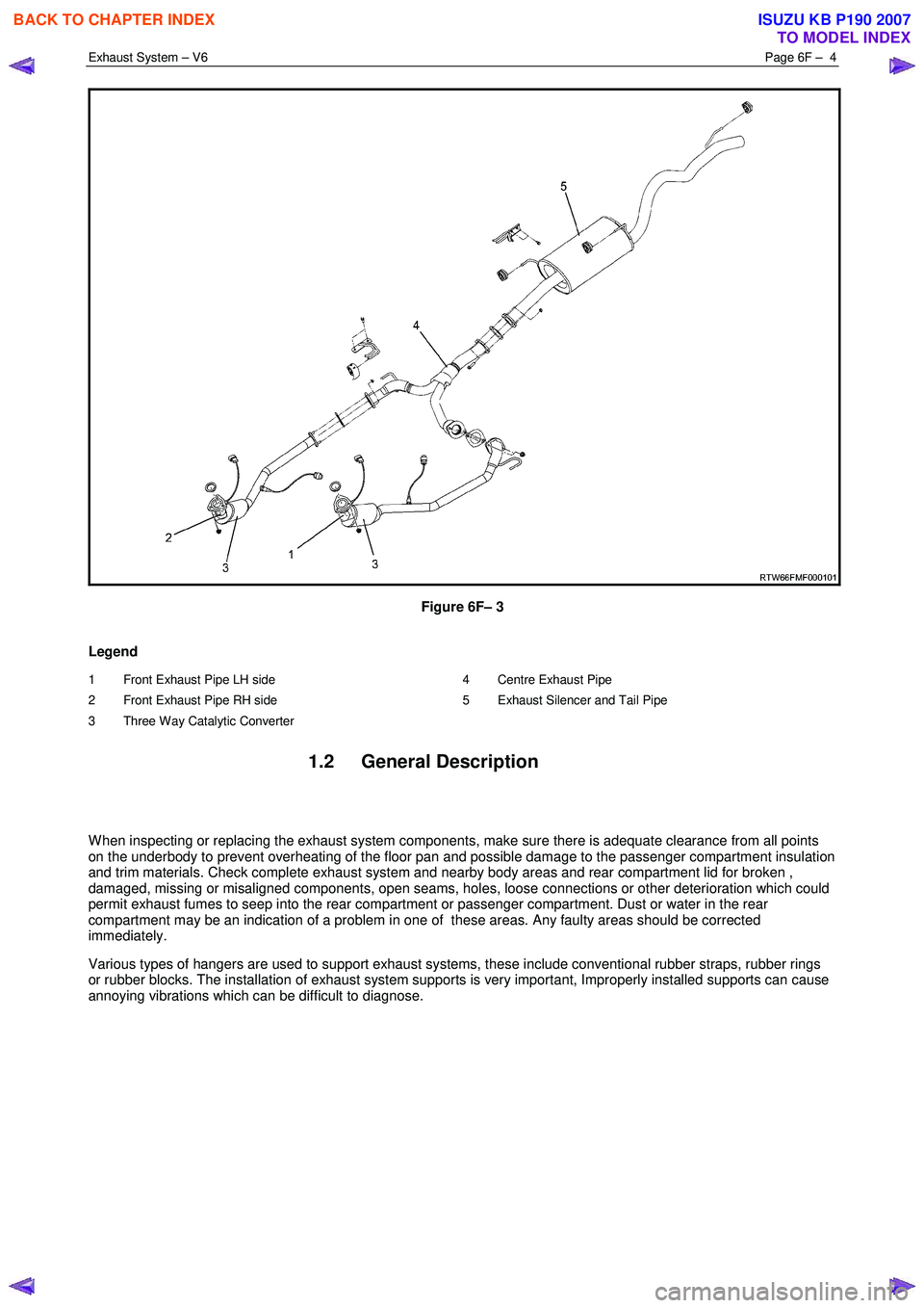 ISUZU KB P190 2007 Workshop Manual PDF Exhaust System – V6 Page 6F – 4
Figure 6F– 3
Legend
1 Front Exhaust Pipe LH side
2 Front Exhaust Pipe RH side
3 Three Way Catalytic Converter 4 Centre Exhaust Pipe
5 Exhaust Si ISUZU KB P190 2007 Workshop Manual PDF Exhaust System – V6 Page 6F – 4
Figure 6F– 3
Legend
1 Front Exhaust Pipe LH side
2 Front Exhaust Pipe RH side
3 Three Way Catalytic Converter 4 Centre Exhaust Pipe
5 Exhaust Si