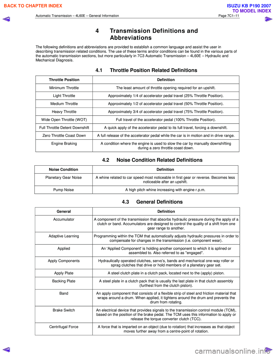 ISUZU KB P190 2007  Workshop Repair Manual Automatic Transmission – 4L60E – General Information Page 7C1–11 
4 Transmission Definitions and 
Abbreviations 
The following definitions and abbreviations are provided to establish a common la