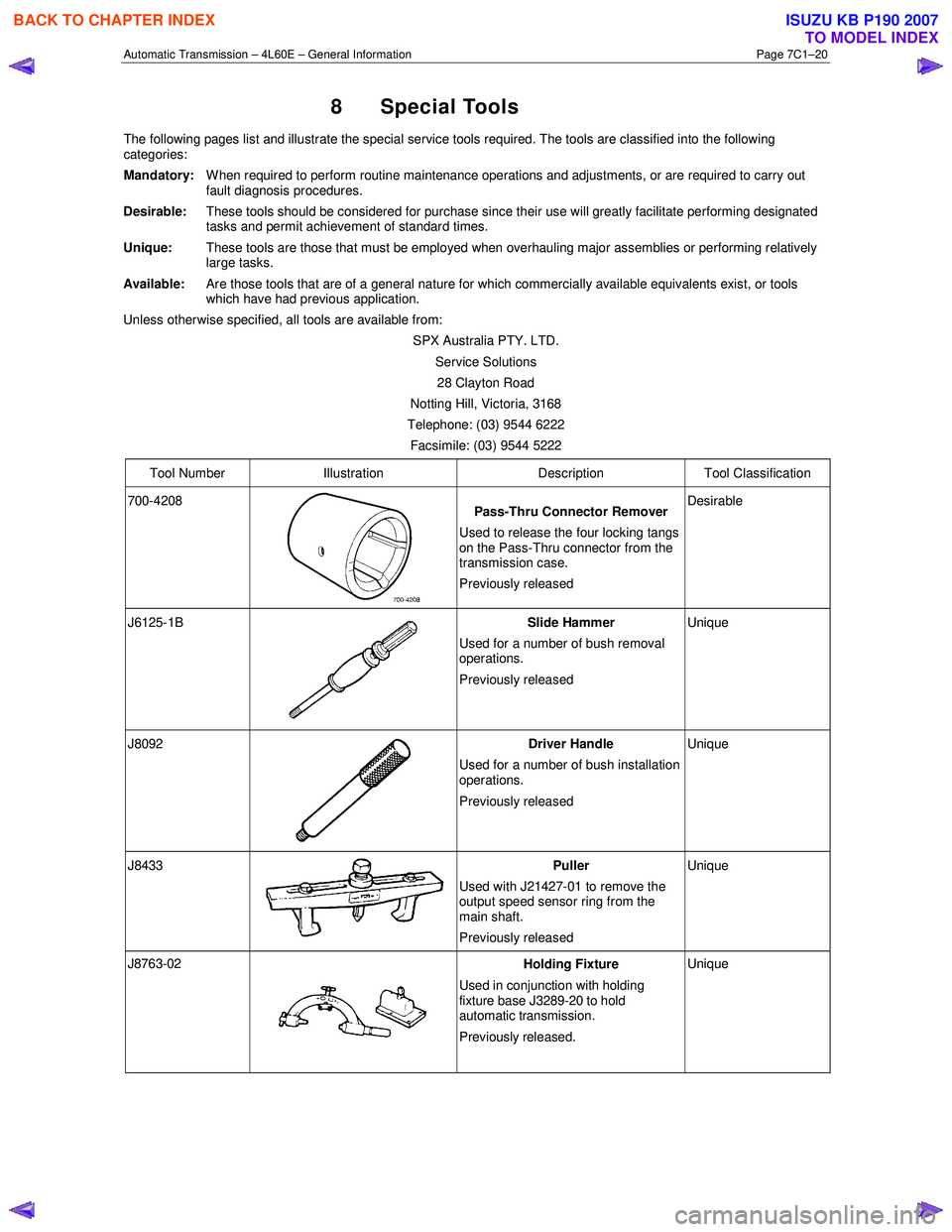 ISUZU KB P190 2007 Workshop Repair Manual Automatic Transmission – 4L60E – General Information Page 7C1–20
8 Special Tools
The following pages list and illustrate the special service tools required. The tools are classified into the f ISUZU KB P190 2007 Workshop Repair Manual Automatic Transmission – 4L60E – General Information Page 7C1–20
8 Special Tools
The following pages list and illustrate the special service tools required. The tools are classified into the f