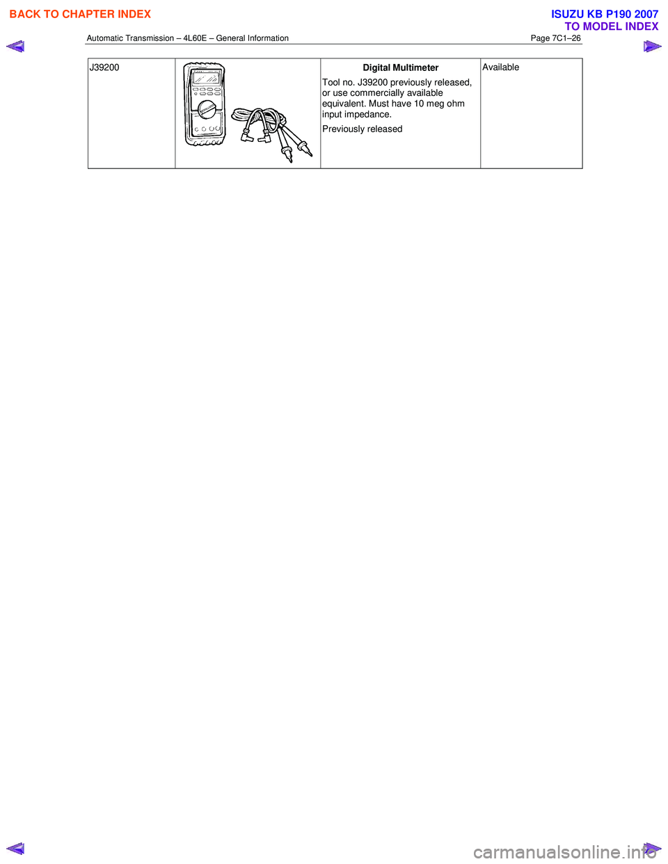 ISUZU KB P190 2007  Workshop Repair Manual Automatic Transmission – 4L60E – General Information Page 7C1–26 
J39200 Digital Multimeter 
Tool no. J39200 previously released,  
or use commercially available  
equivalent. Must have 10 meg o
