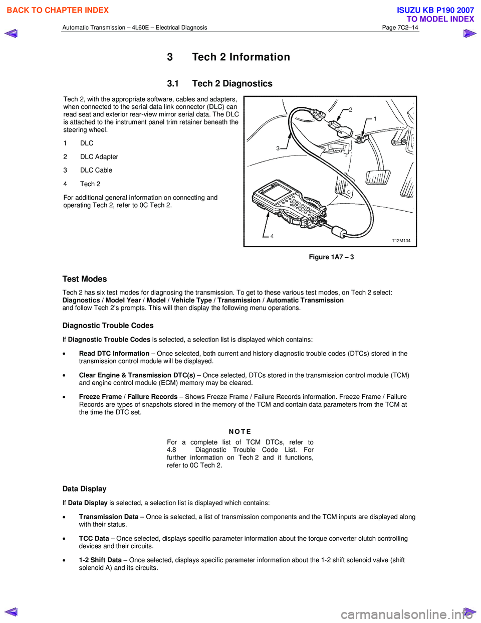 ISUZU KB P190 2007  Workshop Repair Manual Automatic Transmission – 4L60E – Electrical Diagnosis  Page 7C2–14 
3  Tech 2 Information 
3.1  Tech 2 Diagnostics 
Tech 2, with the appropriate software, cables and adapters,  
when connected t