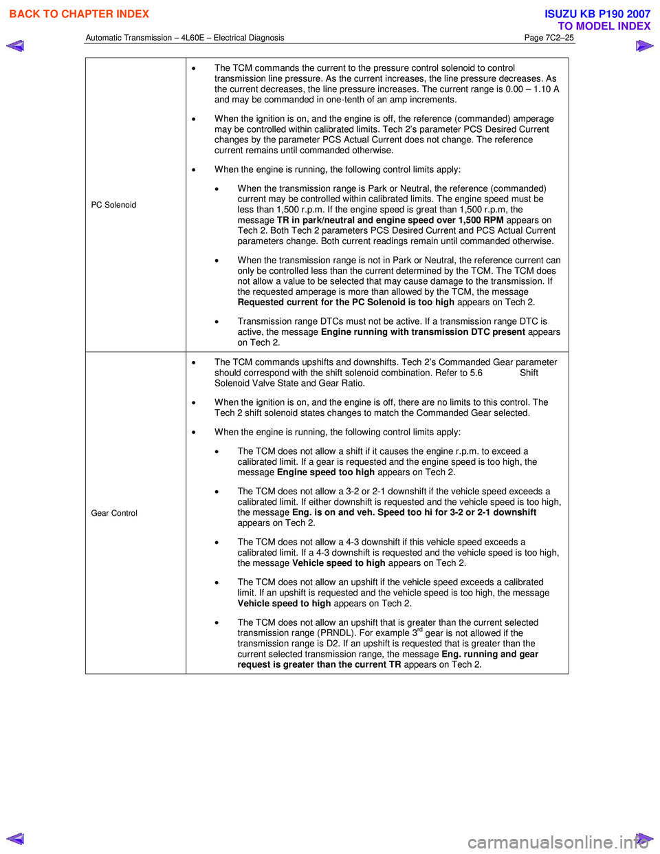 ISUZU KB P190 2007  Workshop Repair Manual Automatic Transmission – 4L60E – Electrical Diagnosis  Page 7C2–25 
PC Solenoid 
• The TCM commands the current to the pressure control solenoid to control  
transmission line pressure. As the