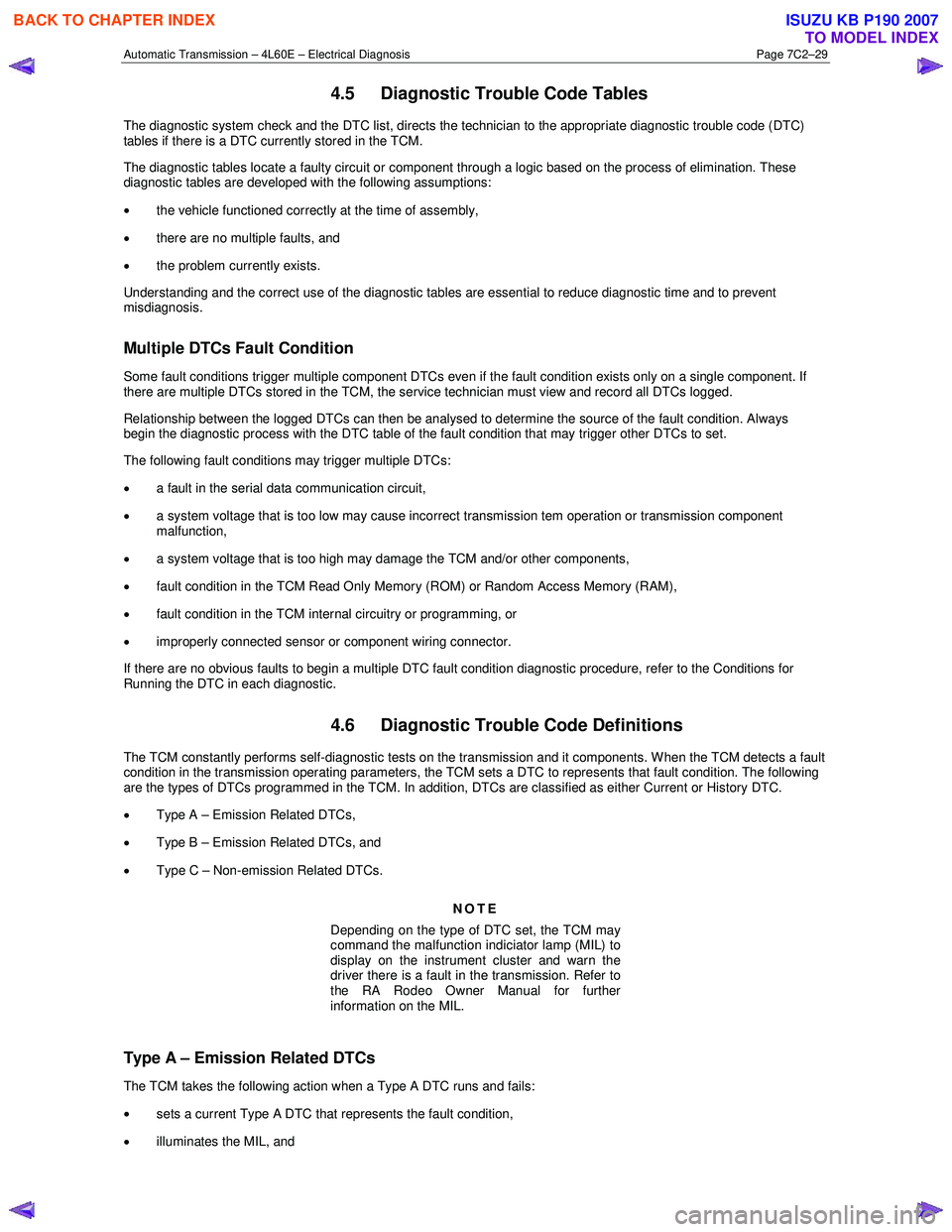 ISUZU KB P190 2007 Workshop Repair Manual Automatic Transmission – 4L60E – Electrical Diagnosis Page 7C2–29
4.5 Diagnostic Trouble Code Tables
The diagnostic system check and the DTC list, directs the technician to the appropriate d ISUZU KB P190 2007 Workshop Repair Manual Automatic Transmission – 4L60E – Electrical Diagnosis Page 7C2–29
4.5 Diagnostic Trouble Code Tables
The diagnostic system check and the DTC list, directs the technician to the appropriate d