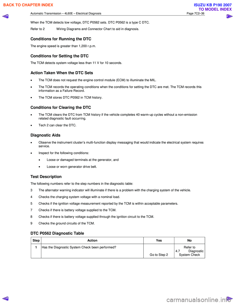 ISUZU KB P190 2007 Workshop Repair Manual Automatic Transmission – 4L60E – Electrical Diagnosis Page 7C2–36
When the TCM detects low voltage, DTC P0562 sets. DTC P0562 is a type C DTC.
Refer to 2 W iring Diagrams and Connector Char ISUZU KB P190 2007 Workshop Repair Manual Automatic Transmission – 4L60E – Electrical Diagnosis Page 7C2–36
When the TCM detects low voltage, DTC P0562 sets. DTC P0562 is a type C DTC.
Refer to 2 W iring Diagrams and Connector Char