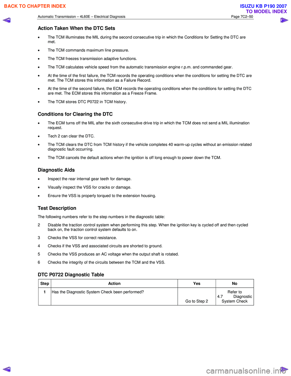 ISUZU KB P190 2007  Workshop Repair Manual Automatic Transmission – 4L60E – Electrical Diagnosis  Page 7C2–50 
Action Taken When the DTC Sets 
• The TCM illuminates the MIL during the second consecutive trip in which the Conditions for