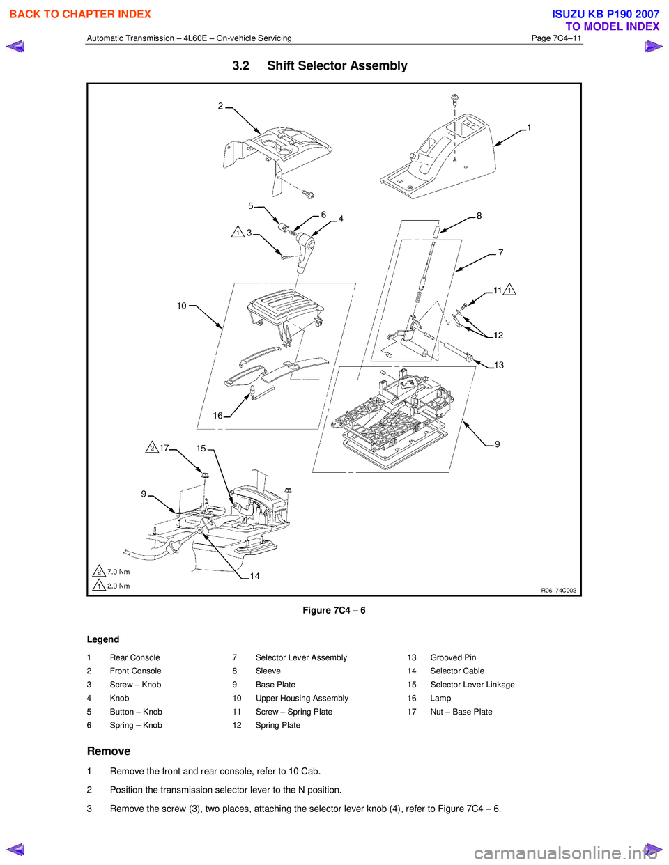 ISUZU KB P190 2007 Workshop Repair Manual Automatic Transmission – 4L60E – On-vehicle Servicing Page 7C4–11
3.2 Shift Selector Assembly
Figure 7C4 – 6
Legend
1 Rear Console
2 Front Console
3 Screw – Knob
4 Knob
5 Bu ISUZU KB P190 2007 Workshop Repair Manual Automatic Transmission – 4L60E – On-vehicle Servicing Page 7C4–11
3.2 Shift Selector Assembly
Figure 7C4 – 6
Legend
1 Rear Console
2 Front Console
3 Screw – Knob
4 Knob
5 Bu