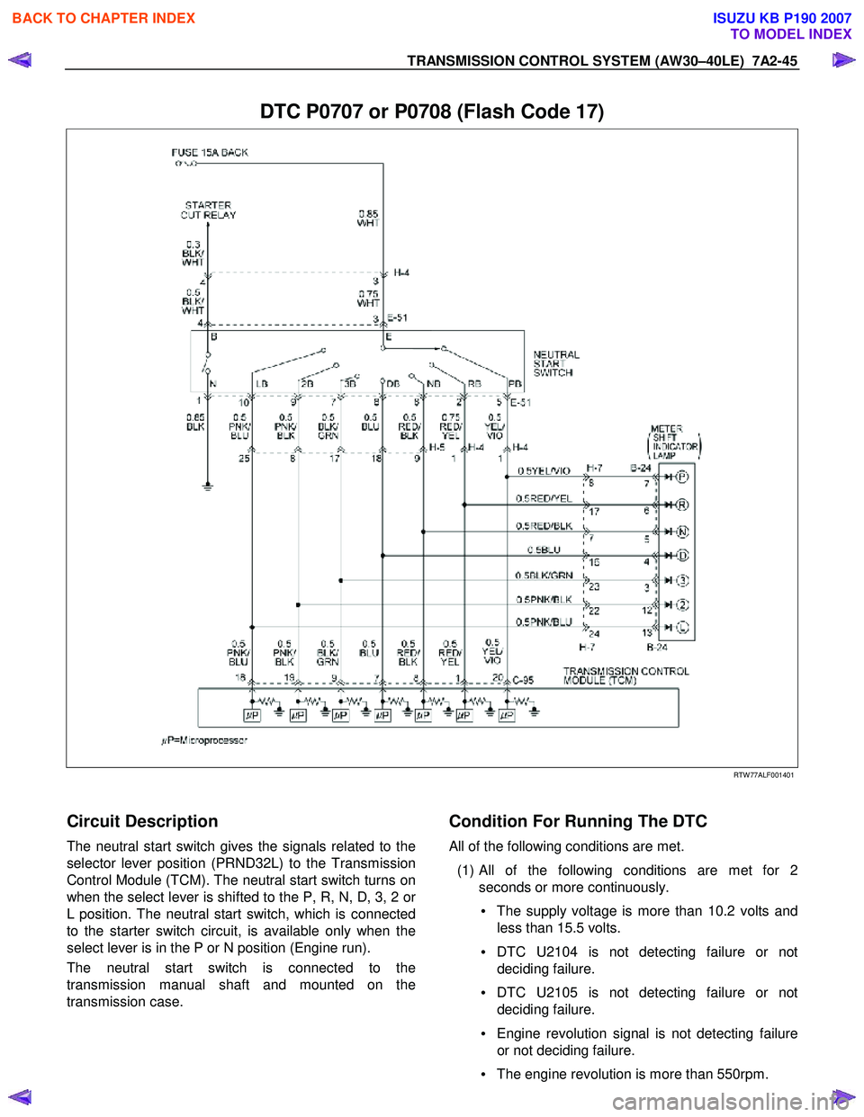 ISUZU KB P190 2007 Workshop Repair Manual TRANSMISSION CONTROL SYSTEM (AW30–40LE) 7A2-45
DTC P0707 or P0708 (Flash Code 17)
RTW 77ALF001401
Circuit Description
The neutral start switch gives the signals related to the
selec ISUZU KB P190 2007 Workshop Repair Manual TRANSMISSION CONTROL SYSTEM (AW30–40LE) 7A2-45
DTC P0707 or P0708 (Flash Code 17)
RTW 77ALF001401
Circuit Description
The neutral start switch gives the signals related to the
selec